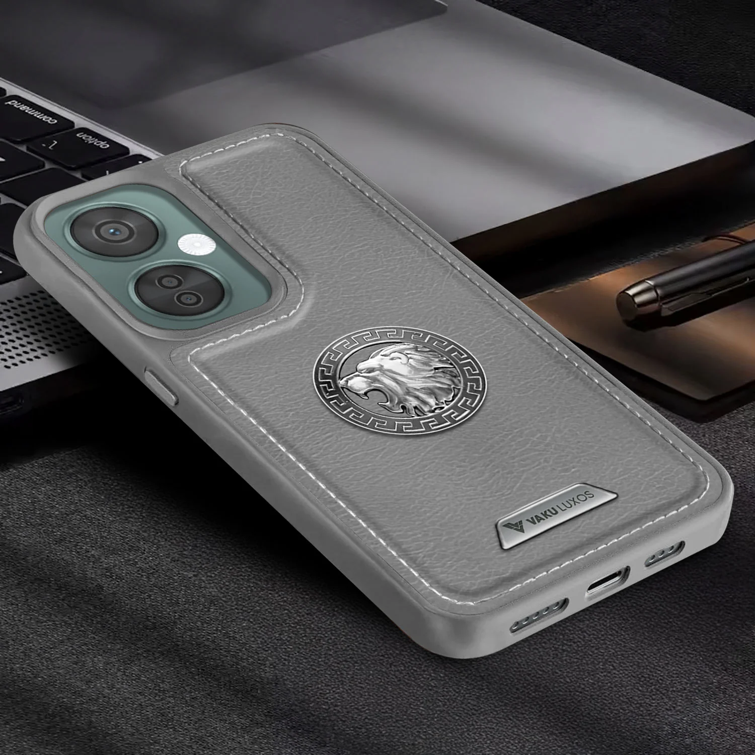 Vaku ® OnePlus Nord CE 3 Lite Regal Shield Metal Lion Engraved Leather Back Cover - Image 14