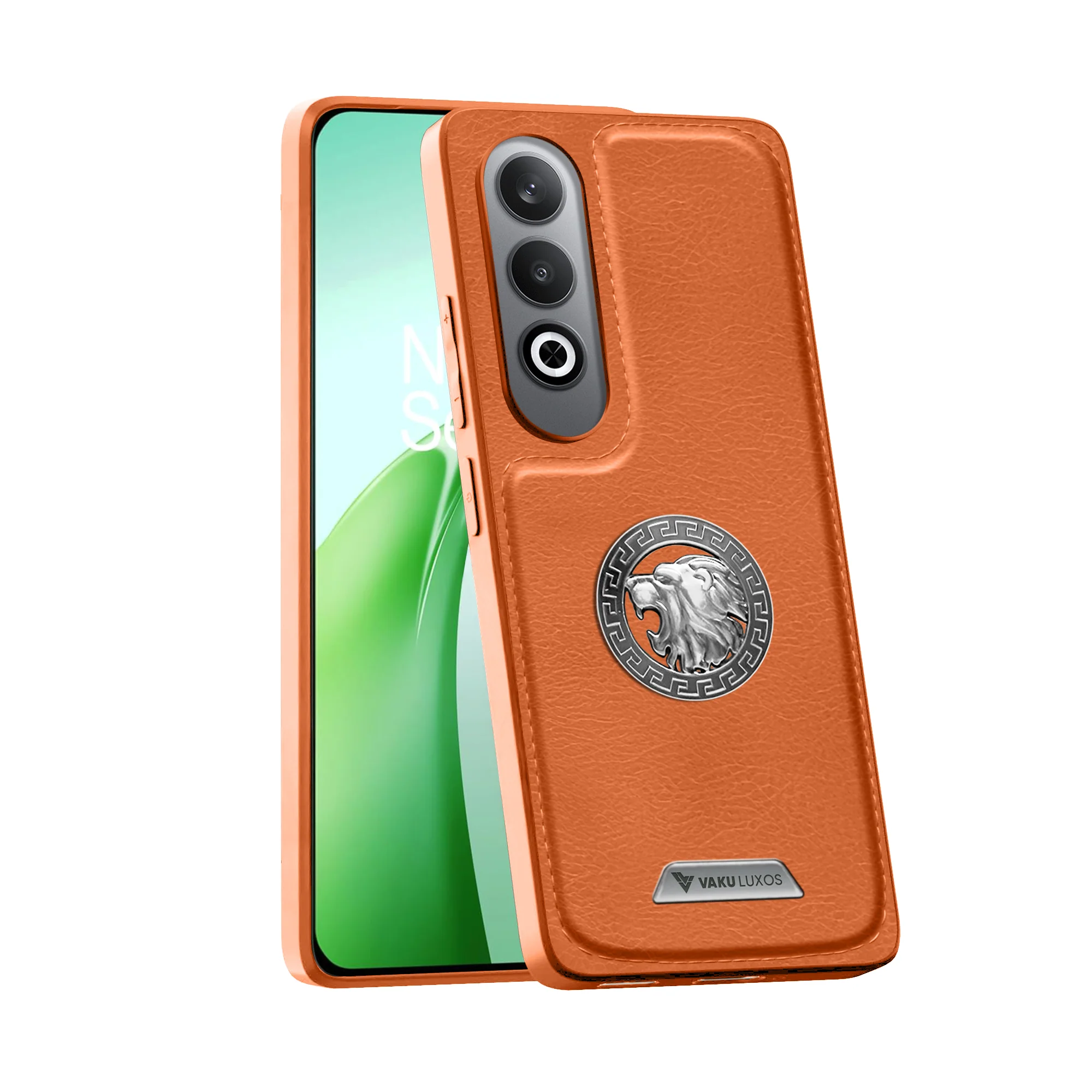 Vaku ® OnePlus Nord CE4 Regal Shield Metal Lion Engraved Leather Back Cover
