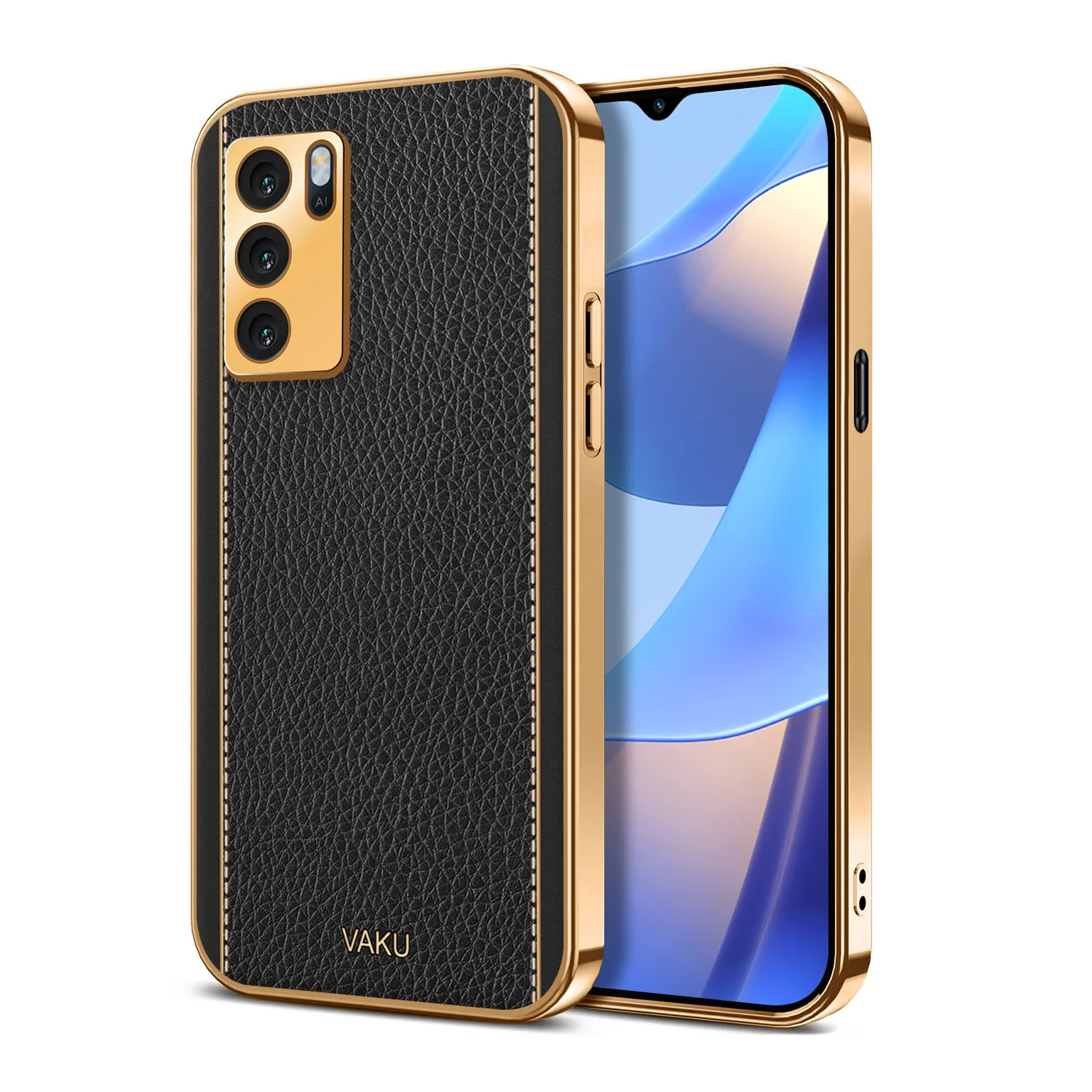 Vaku® Oppo A16 Luxemberg Series Leather Stitched Gold Electroplated Soft TPU Back Cover - Image 11