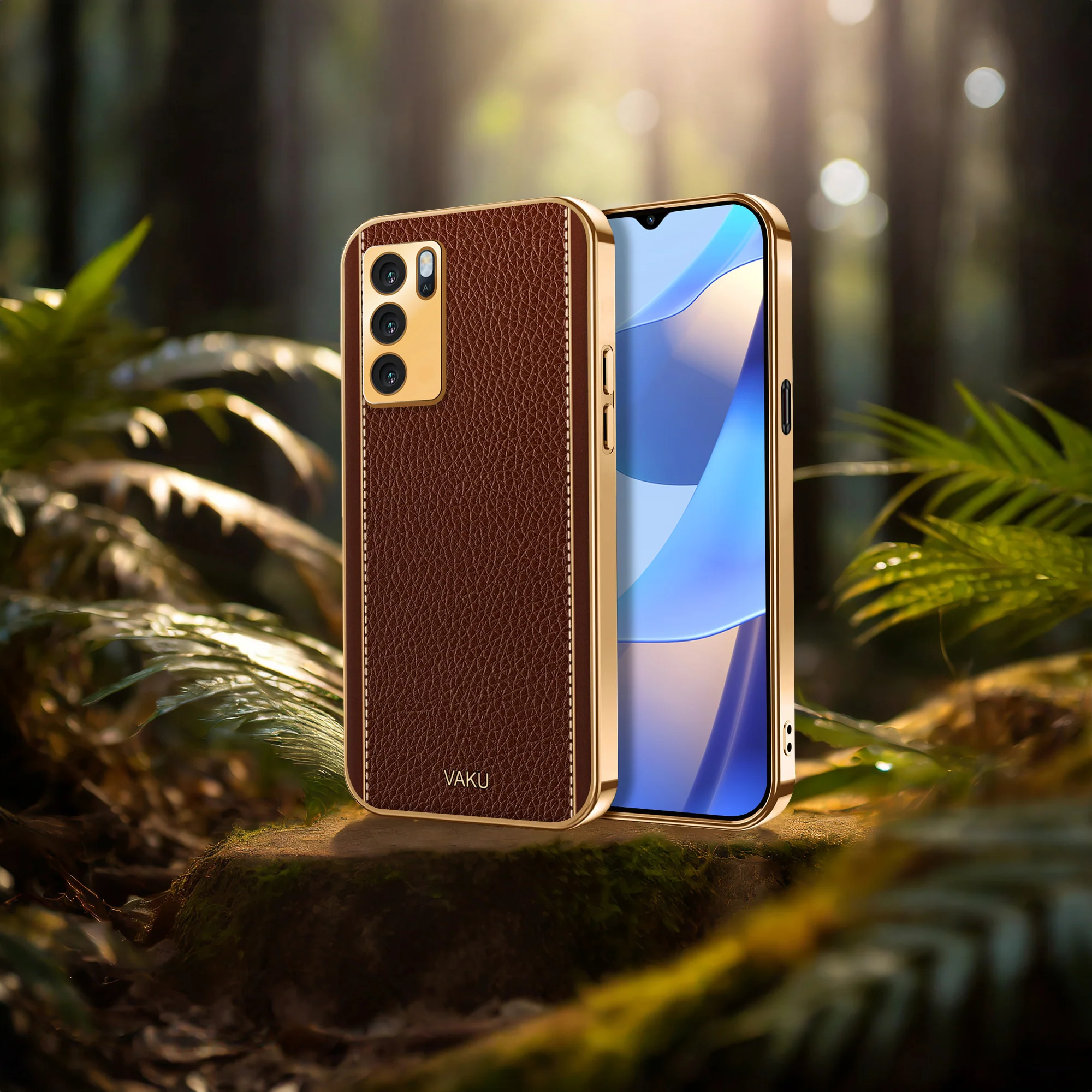 Vaku® Oppo A16 Luxemberg Series Leather Stitched Gold Electroplated Soft TPU Back Cover - Image 12