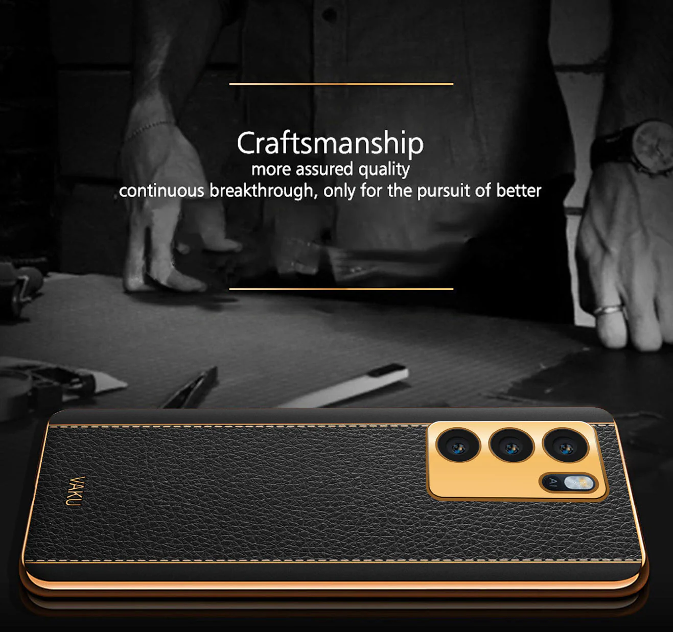 Vaku® Oppo A16 Luxemberg Series Leather Stitched Gold Electroplated Soft TPU Back Cover - Image 4