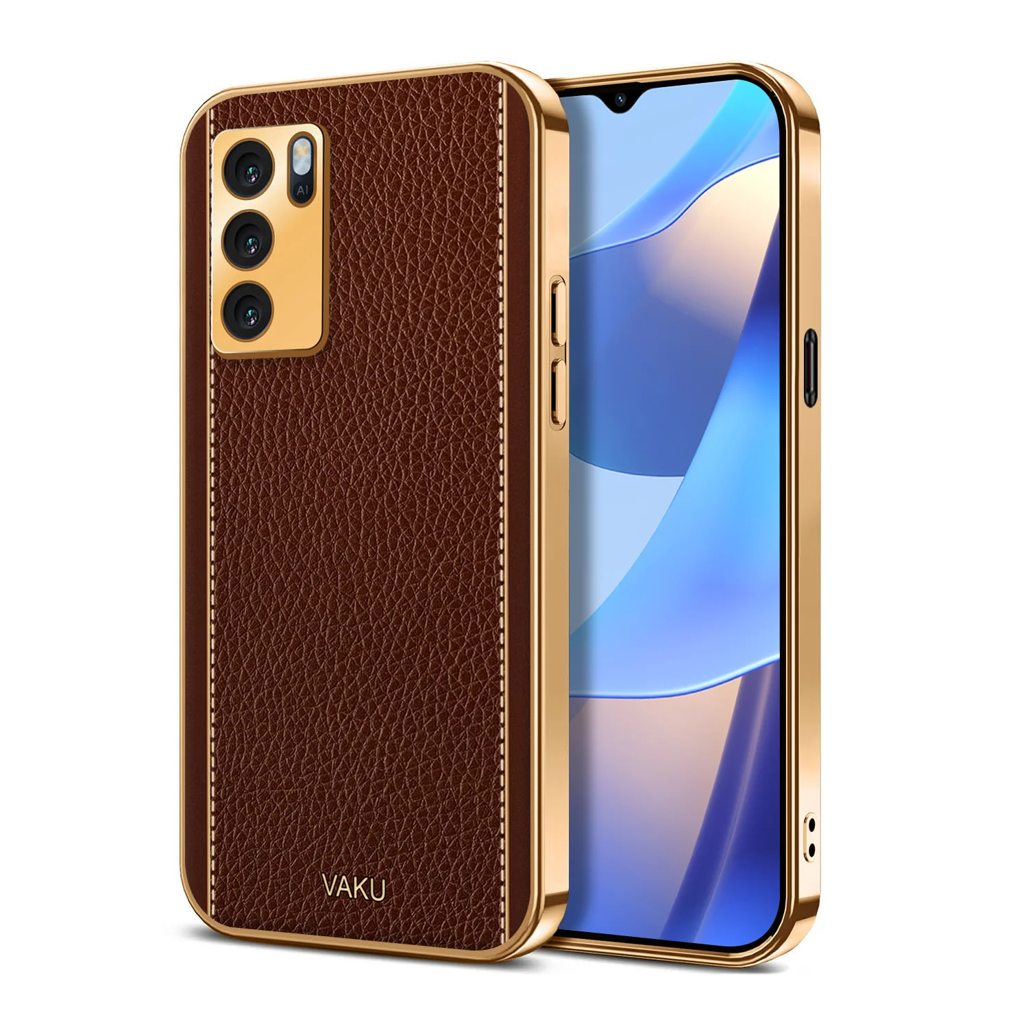 Vaku® Oppo A16 Luxemberg Series Leather Stitched Gold Electroplated Soft TPU Back Cover - Image 7