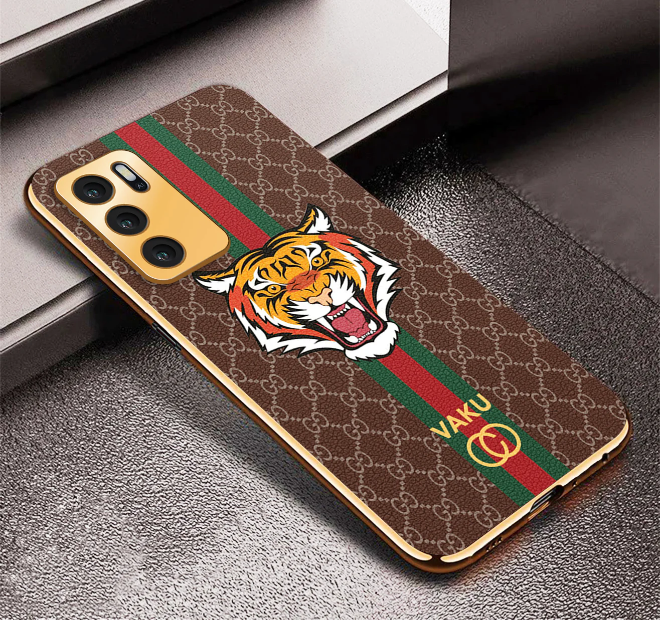 Vaku ® Oppo A16 Lynx Designer Leather Pattern Gold Electroplated Soft TPU Back Cover Case - Image 11