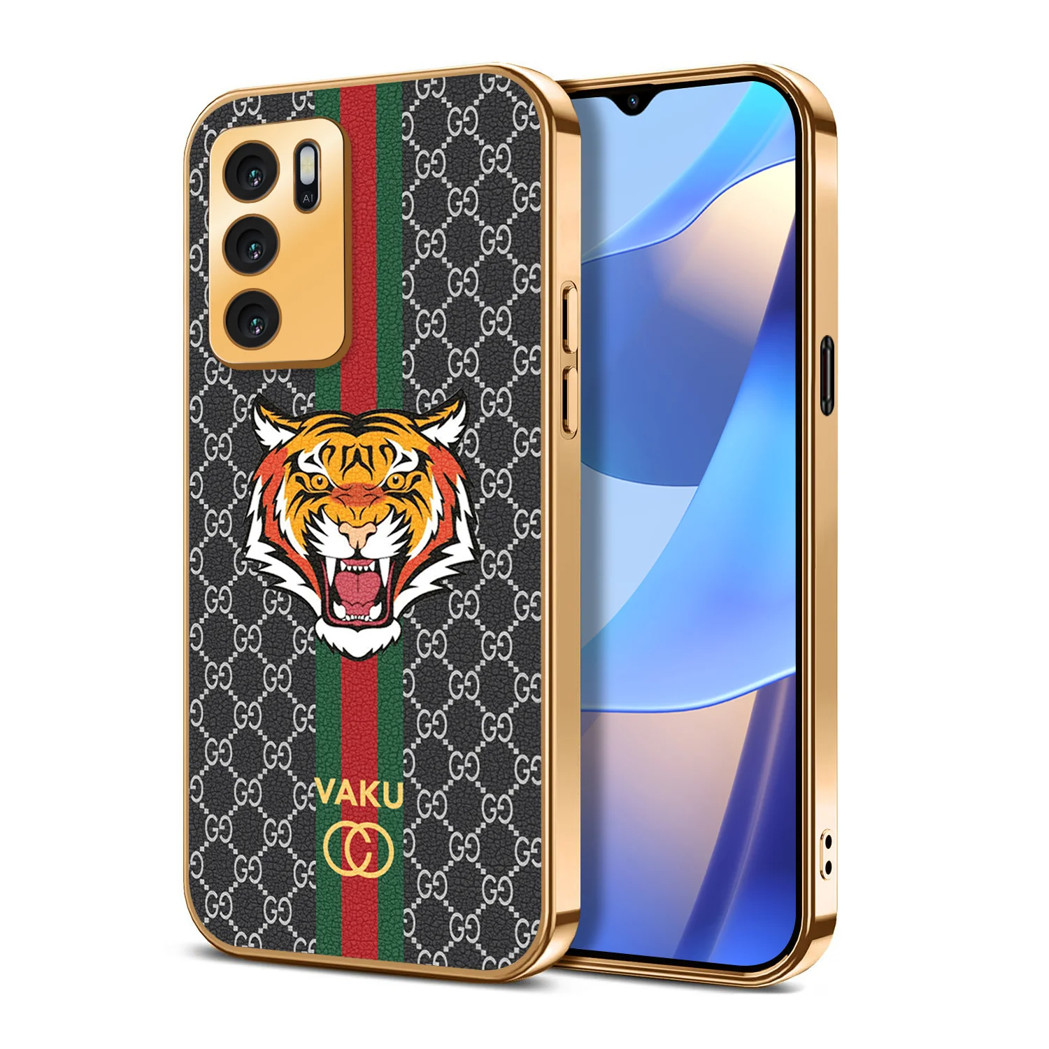 Vaku ® Oppo A16 Lynx Designer Leather Pattern Gold Electroplated Soft TPU Back Cover Case - Image 3
