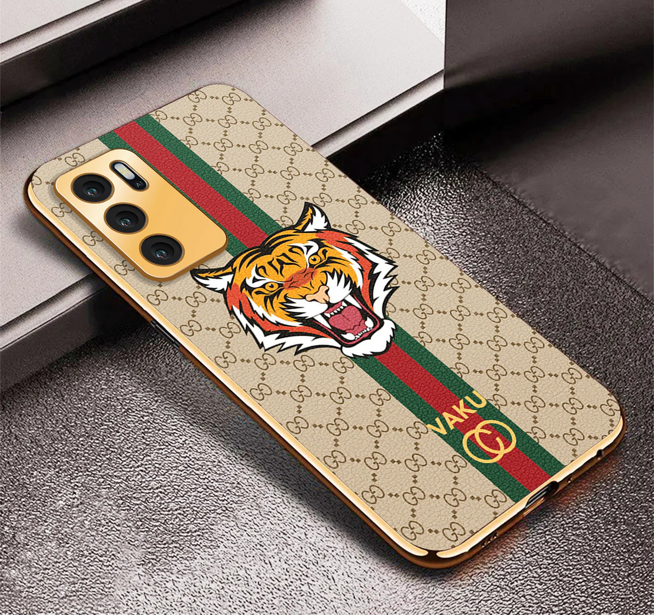 Vaku ® Oppo A16 Lynx Designer Leather Pattern Gold Electroplated Soft TPU Back Cover Case - Image 7