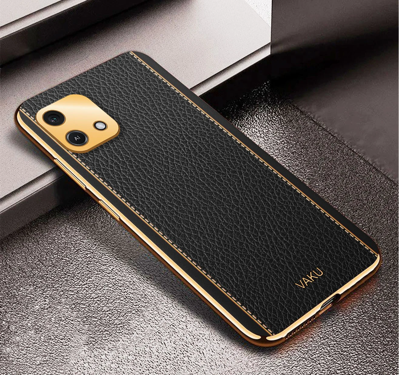 Vaku® Oppo A16e Luxemberg Series Leather Stitched Gold Electroplated Soft TPU Back Cover - Image 10