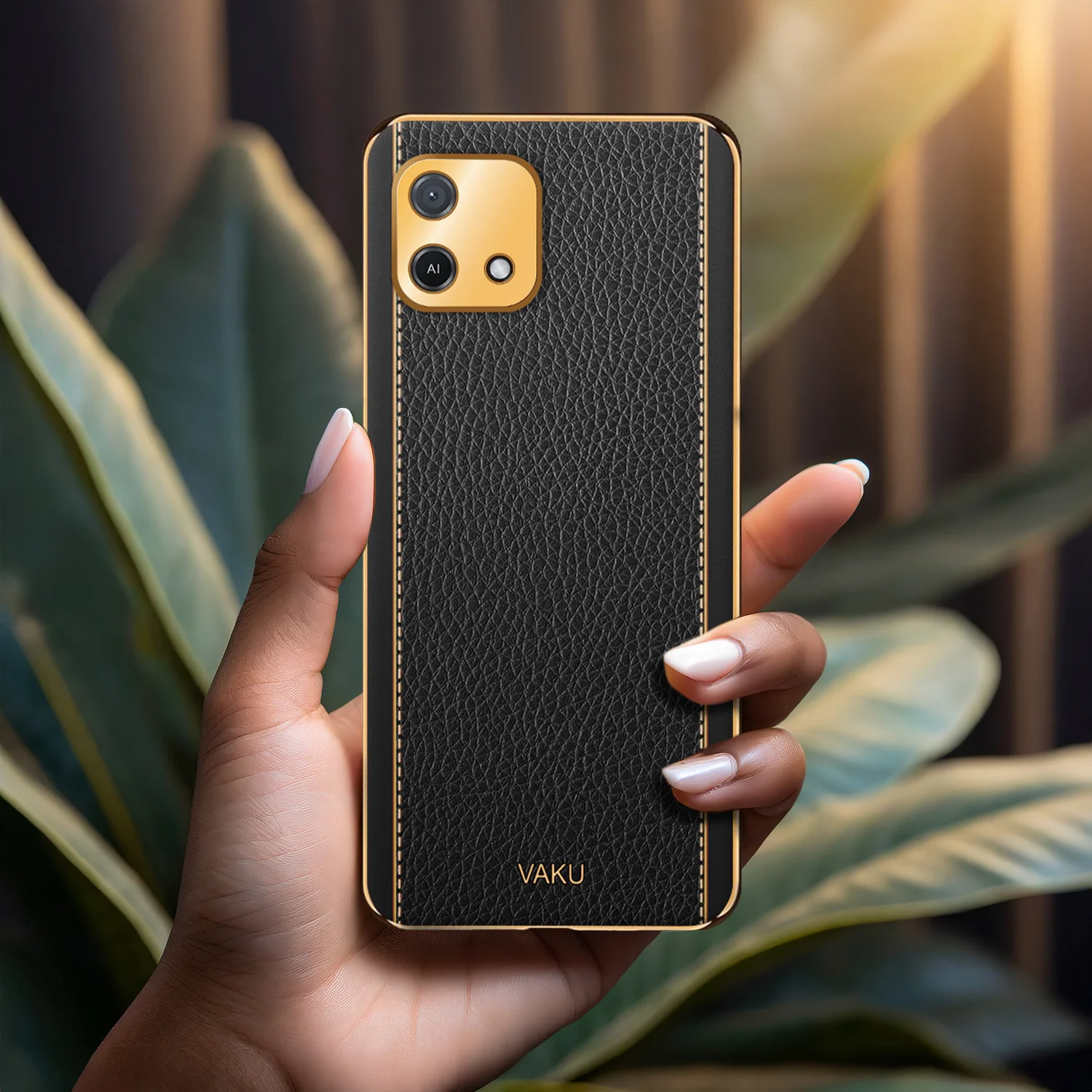 Vaku® Oppo A16e Luxemberg Series Leather Stitched Gold Electroplated Soft TPU Back Cover - Image 11