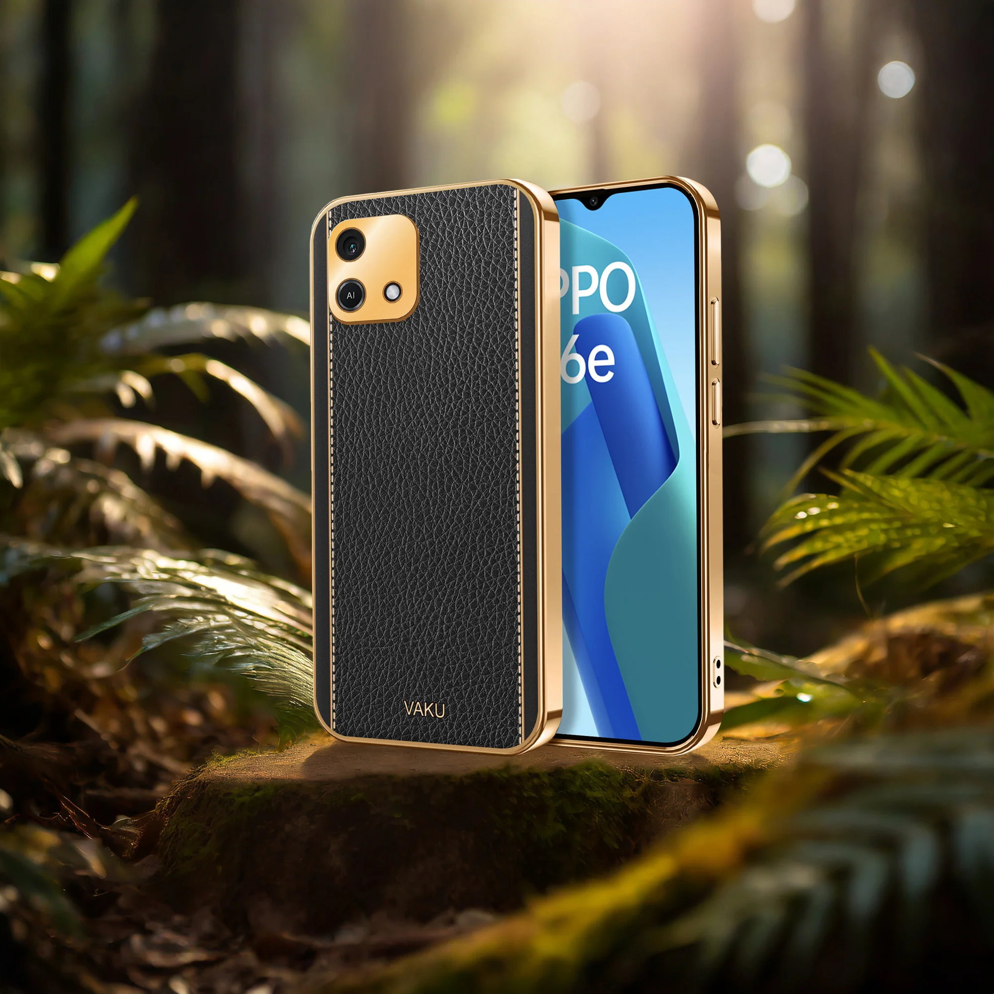 Vaku® Oppo A16e Luxemberg Series Leather Stitched Gold Electroplated Soft TPU Back Cover - Image 13