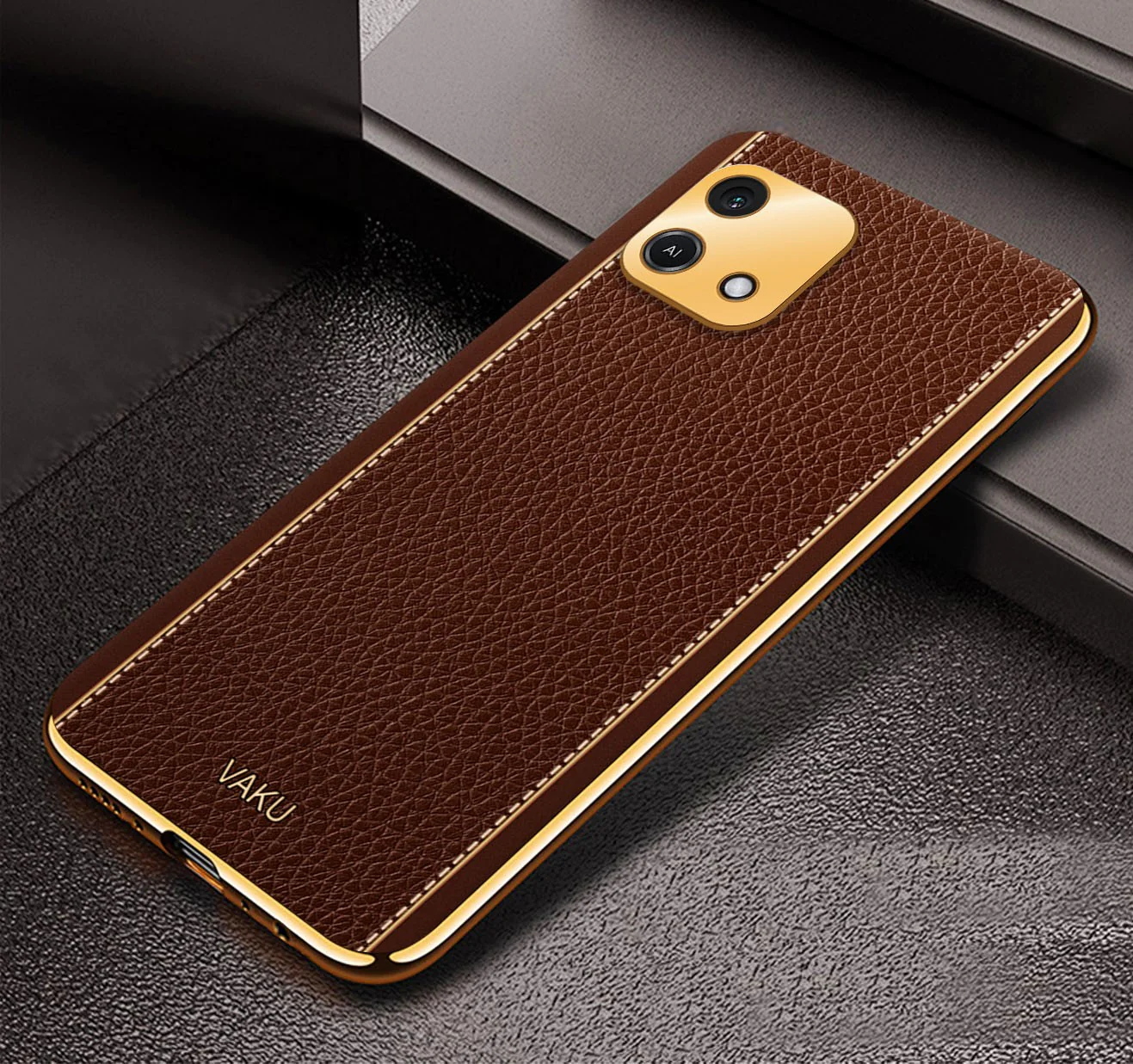 Vaku® Oppo A16e Luxemberg Series Leather Stitched Gold Electroplated Soft TPU Back Cover - Image 15