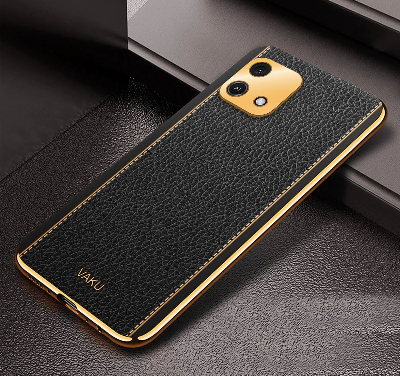 Vaku® Oppo A16e Luxemberg Series Leather Stitched Gold Electroplated Soft TPU Back Cover - Image 2