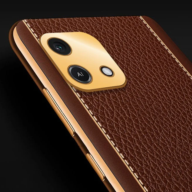 Vaku® Oppo A16e Luxemberg Series Leather Stitched Gold Electroplated Soft TPU Back Cover - Image 3