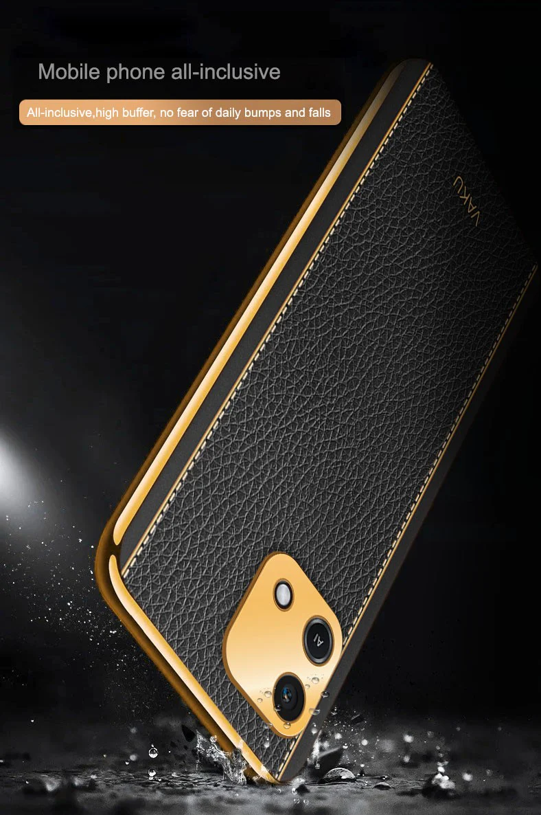 Vaku® Oppo A16e Luxemberg Series Leather Stitched Gold Electroplated Soft TPU Back Cover - Image 4
