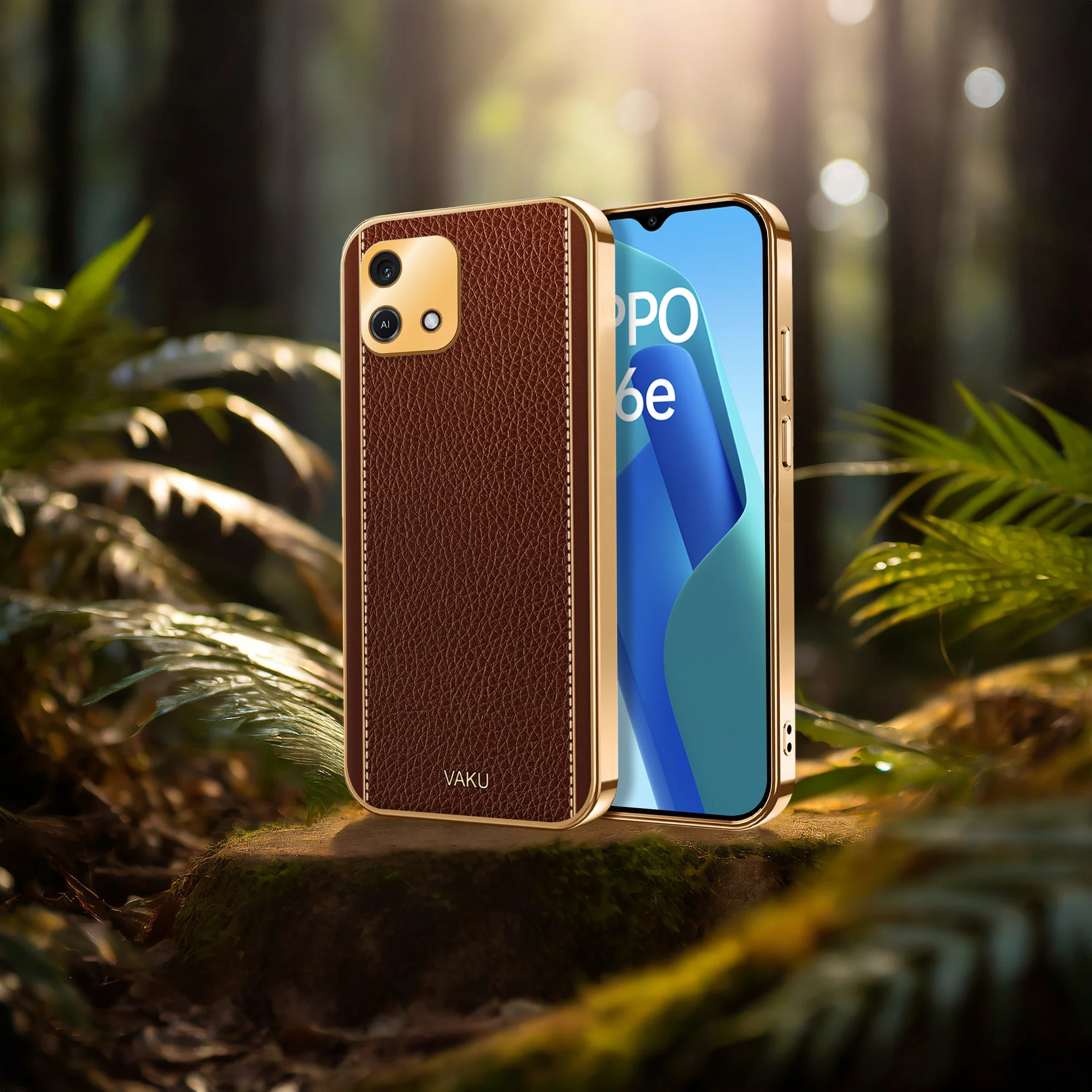 Vaku® Oppo A16e Luxemberg Series Leather Stitched Gold Electroplated Soft TPU Back Cover - Image 5