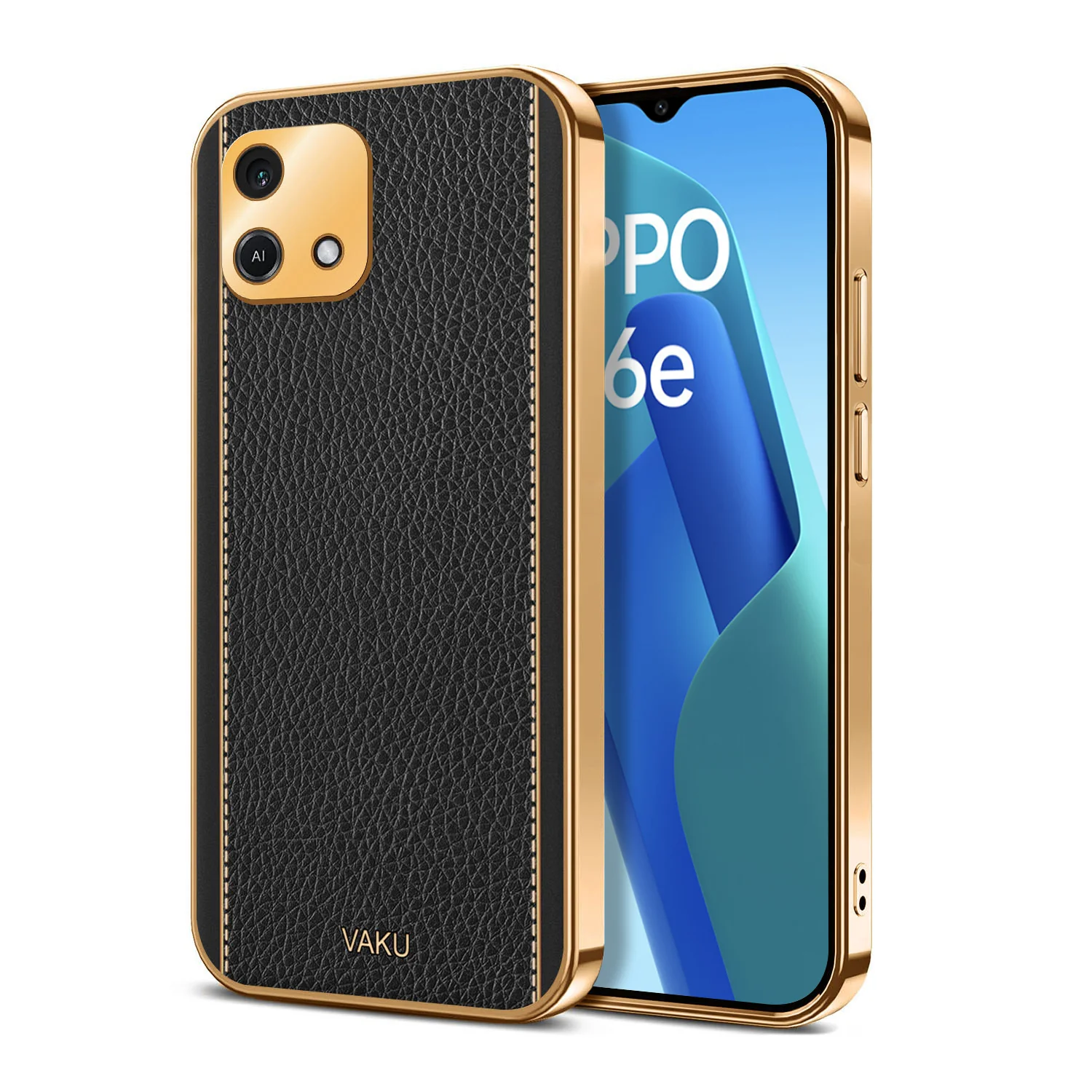 Vaku® Oppo A16e Luxemberg Series Leather Stitched Gold Electroplated Soft TPU Back Cover - Image 6