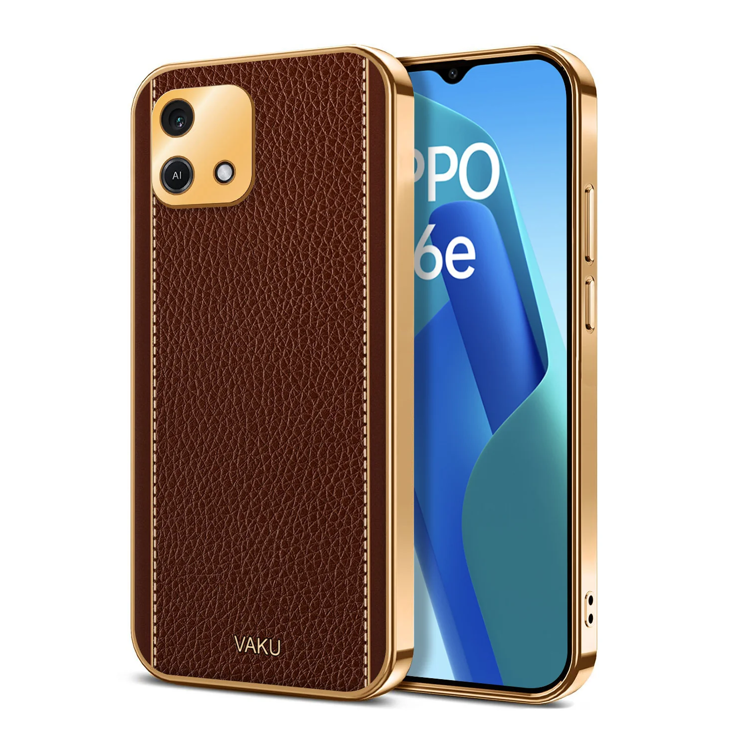 Vaku® Oppo A16e Luxemberg Series Leather Stitched Gold Electroplated Soft TPU Back Cover - Image 7
