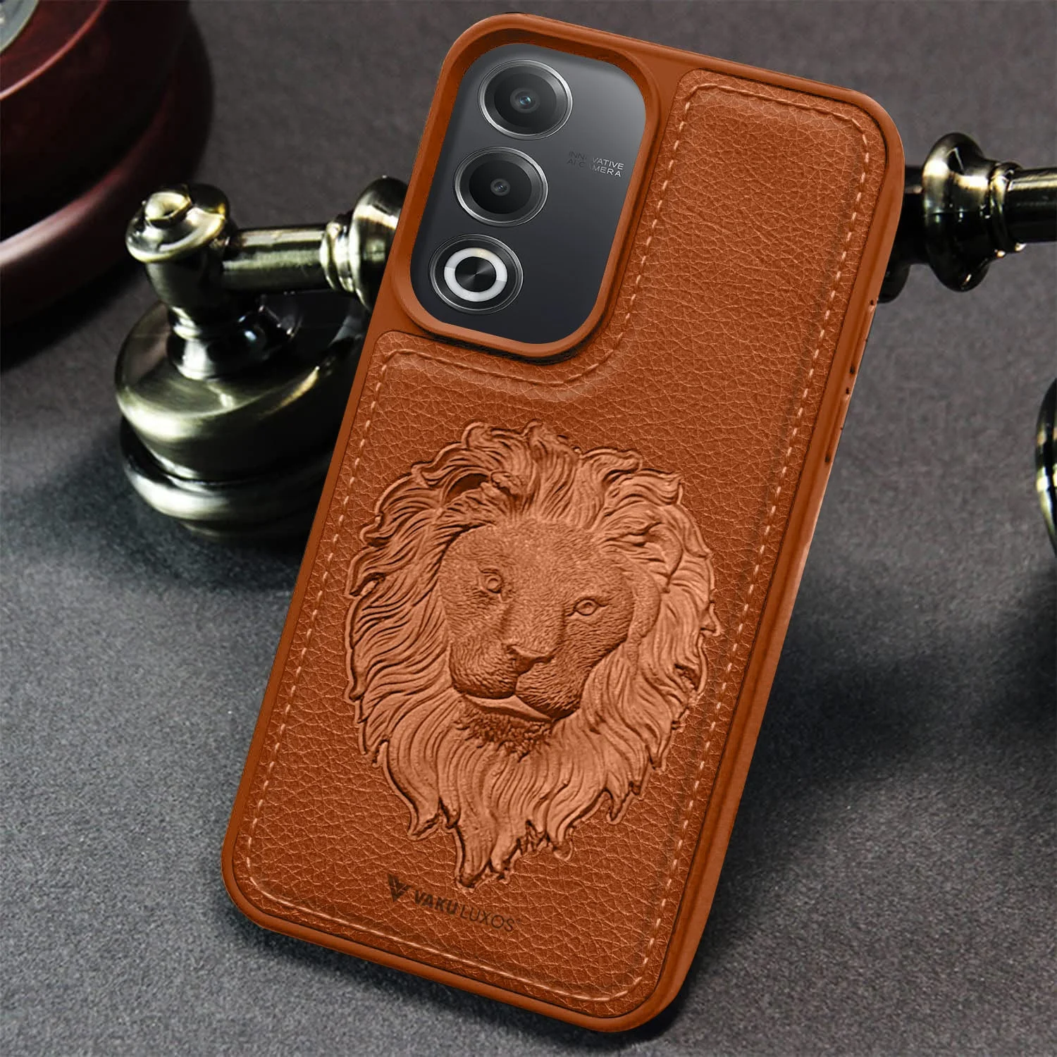 Vaku ® Oppo A3 Pro 5G Lion Embossed Luxury Designer Leather Back Cover - Image 11
