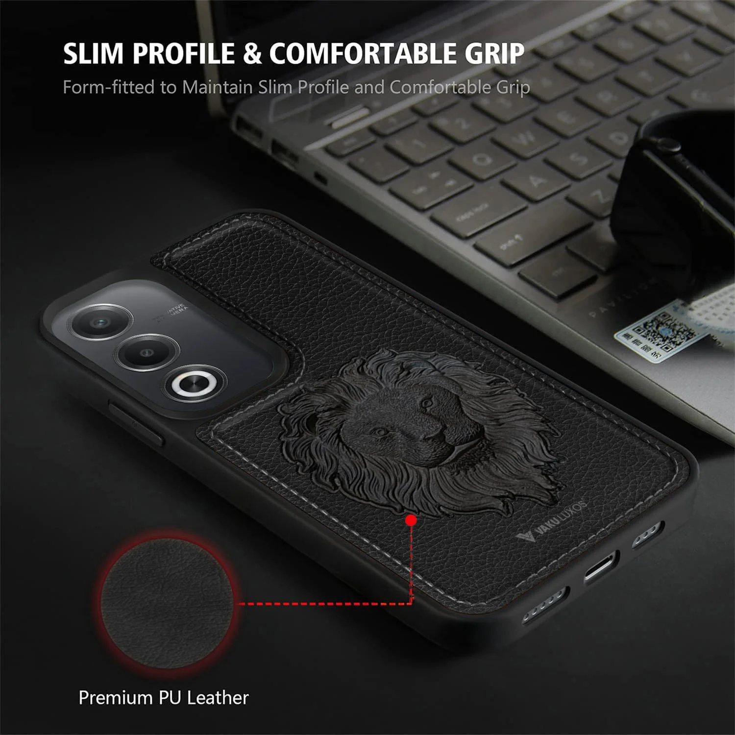 Vaku ® Oppo A3 Pro 5G Lion Embossed Luxury Designer Leather Back Cover - Image 3