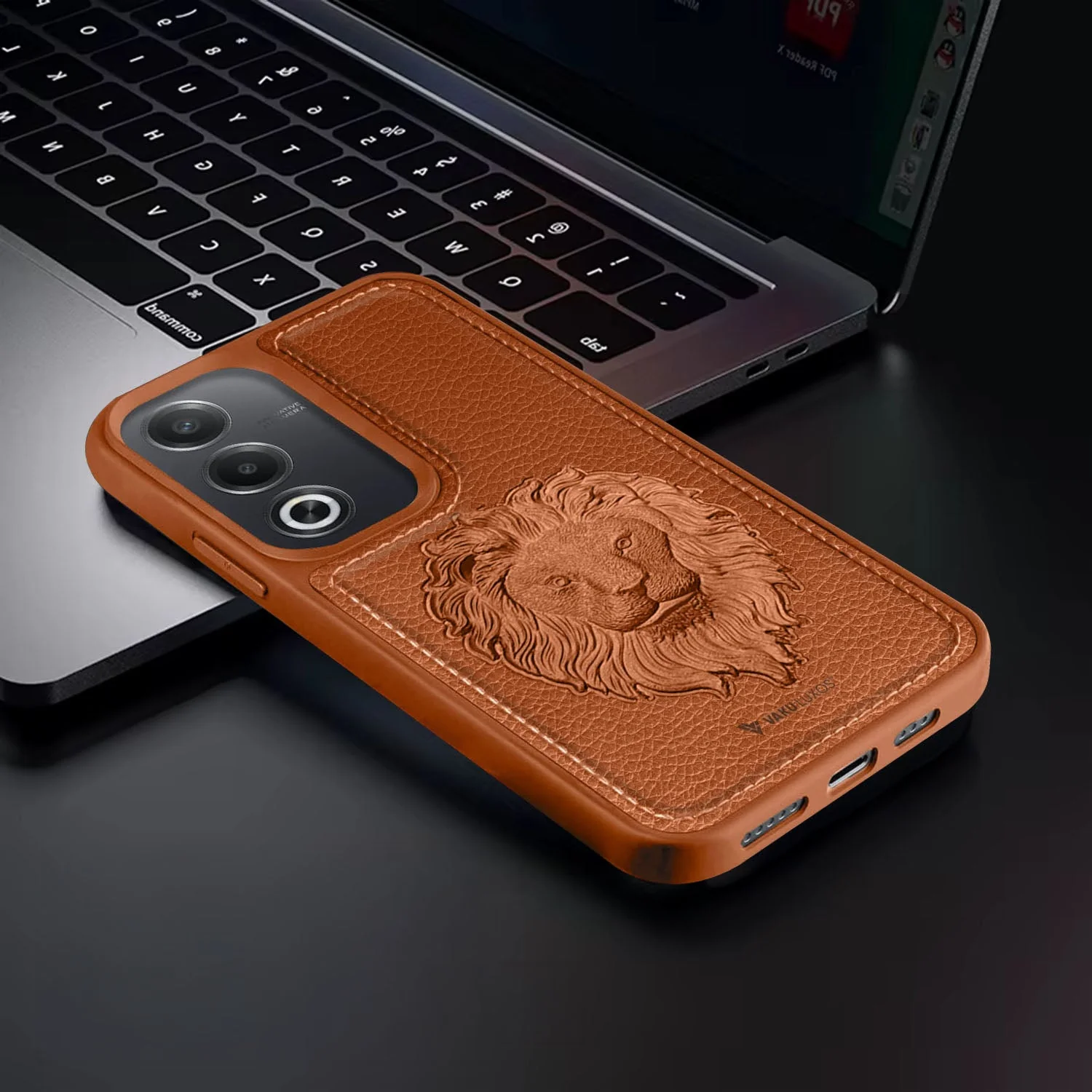 Vaku ® Oppo A3 Pro 5G Lion Embossed Luxury Designer Leather Back Cover - Image 4