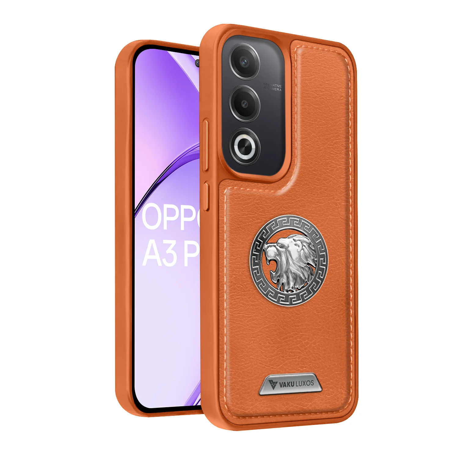 Vaku ® Oppo A3 Pro 5G Regal Shield Metal Lion Engraved Leather Back Cover