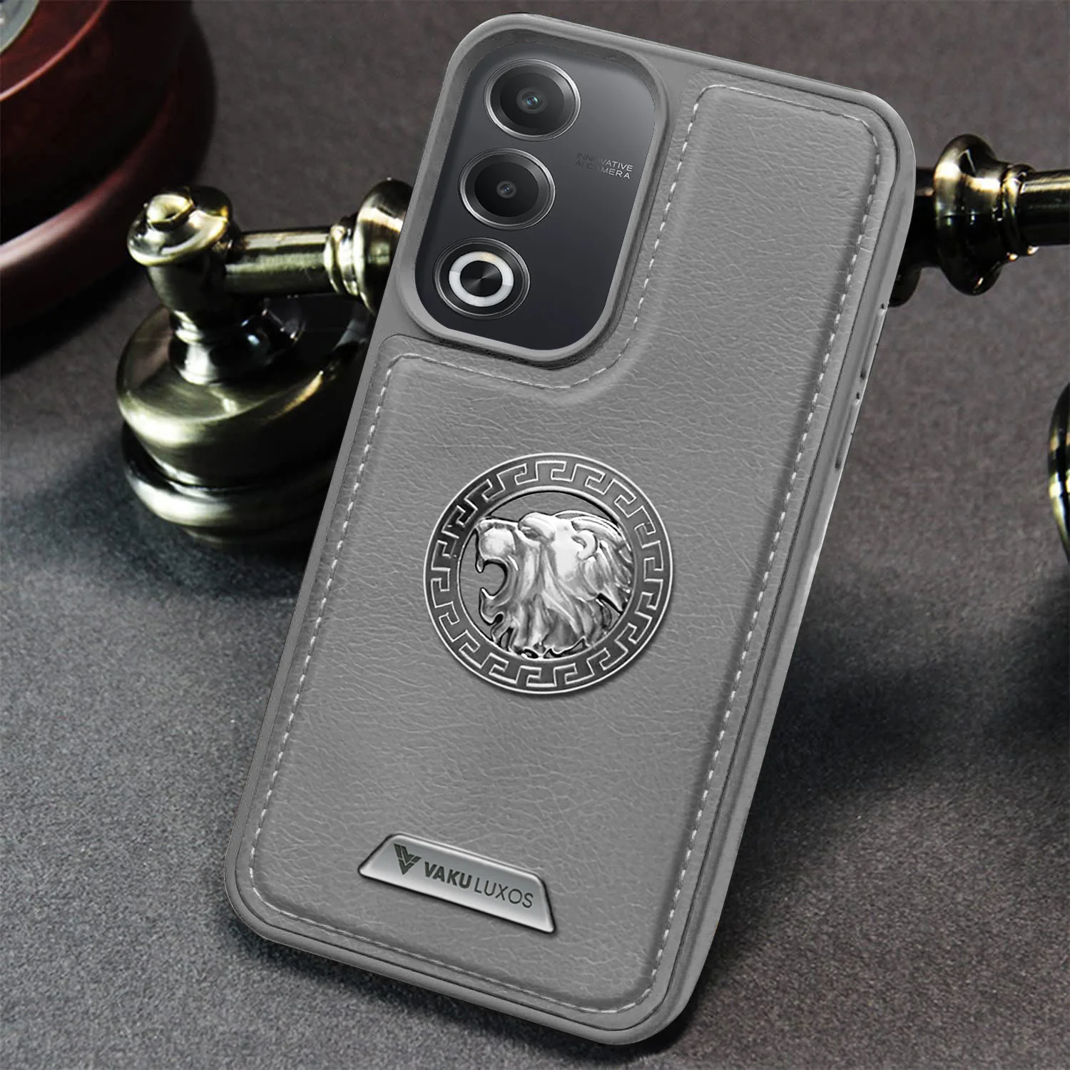 Vaku ® Oppo A3 Pro 5G Regal Shield Metal Lion Engraved Leather Back Cover - Image 6