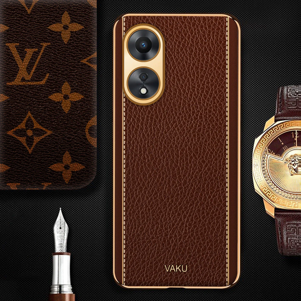 Vaku® Oppo A38 Luxemberg Leather Pattern Gold Electroplated Soft TPU Back Cover - Image 10