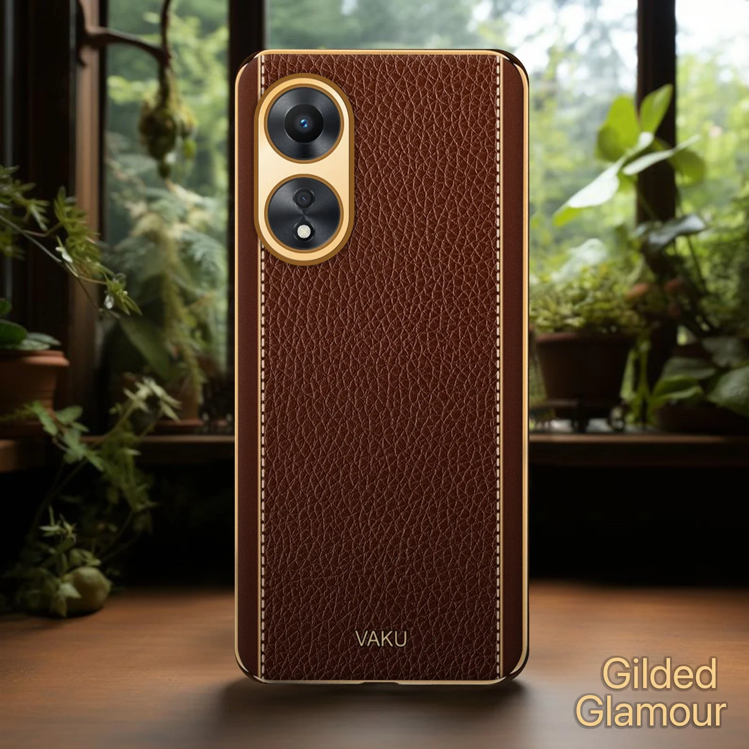 Vaku® Oppo A38 Luxemberg Leather Pattern Gold Electroplated Soft TPU Back Cover - Image 13