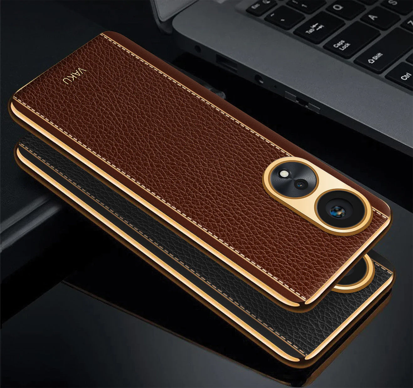 Vaku® Oppo A38 Luxemberg Leather Pattern Gold Electroplated Soft TPU Back Cover - Image 2