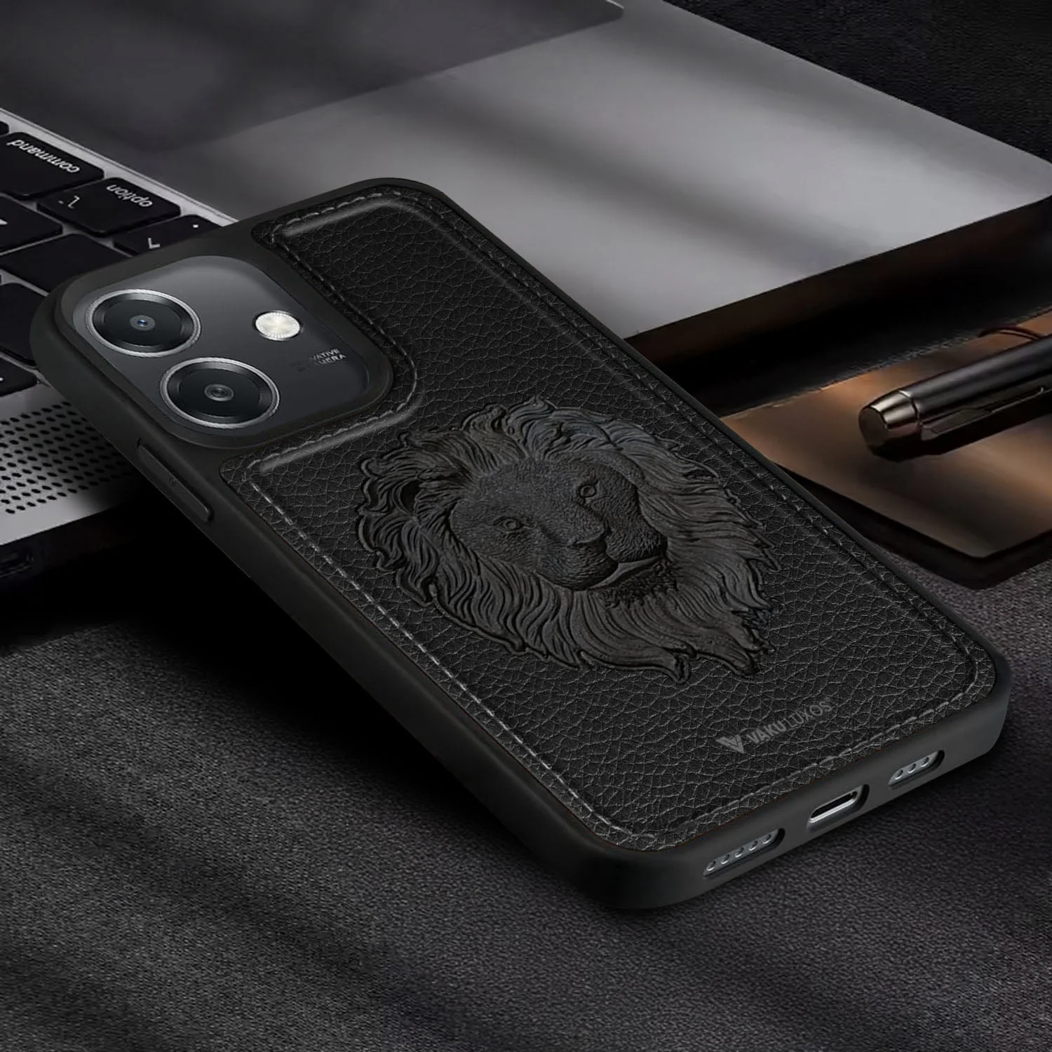 Vaku ® Oppo A3X 5G Lion Embossed Luxury Designer Leather Back Cover - Image 10
