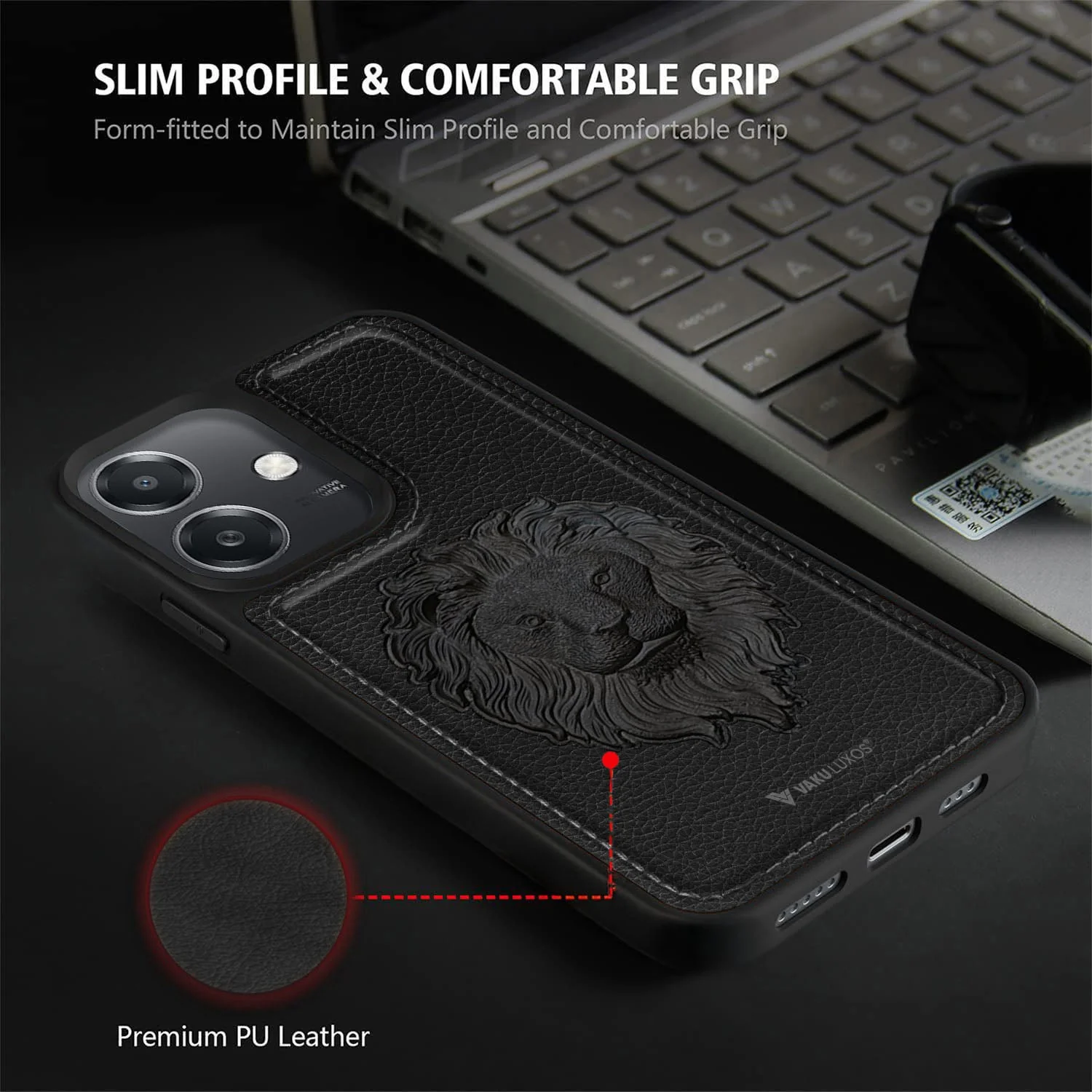 Vaku ® Oppo A3X 5G Lion Embossed Luxury Designer Leather Back Cover - Image 4