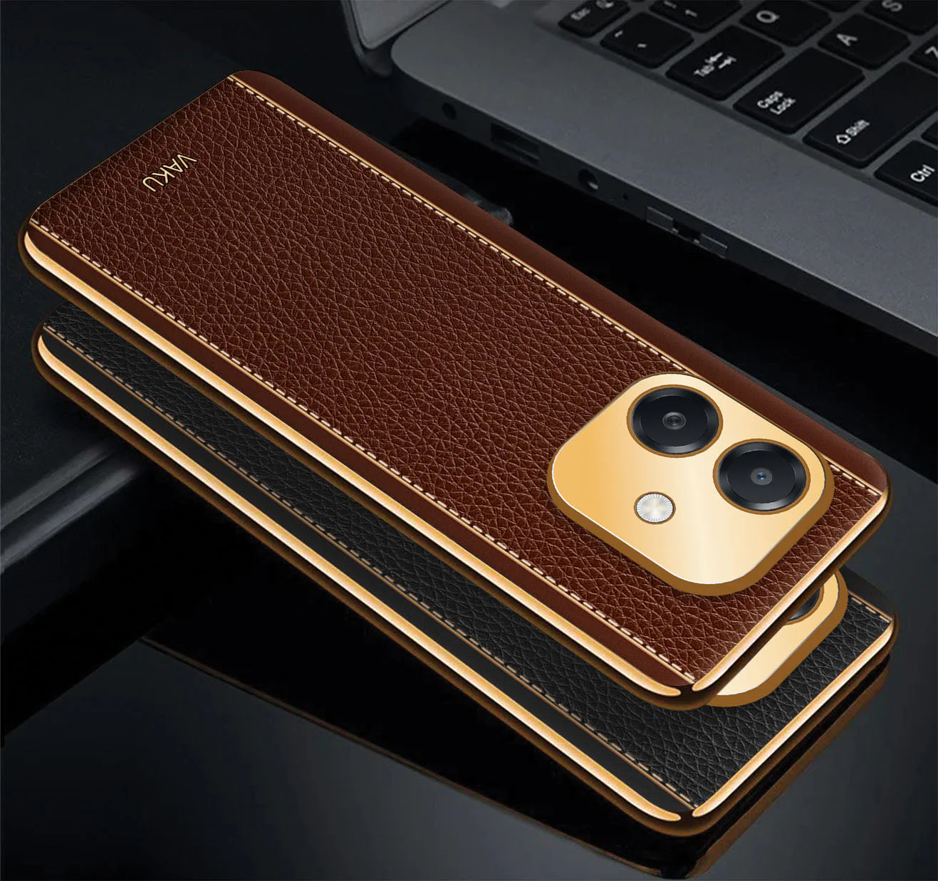 Vaku ® Oppo A3X 5G Luxemberg Leather Pattern Gold Electroplated Soft TPU Back Cover - Image 6