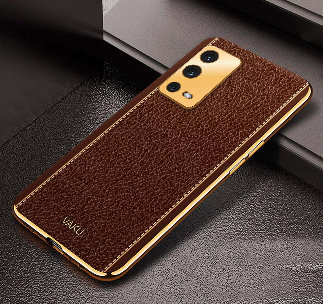 Vaku® Oppo A55 Luxemberg Leather Stitched Gold Electroplated Soft TPU Back Cover