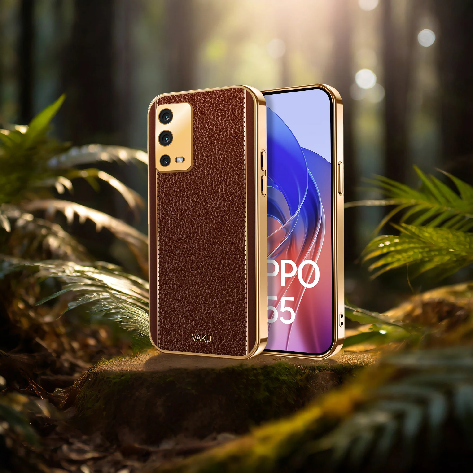 Vaku® Oppo A55 Luxemberg Leather Stitched Gold Electroplated Soft TPU Back Cover - Image 12