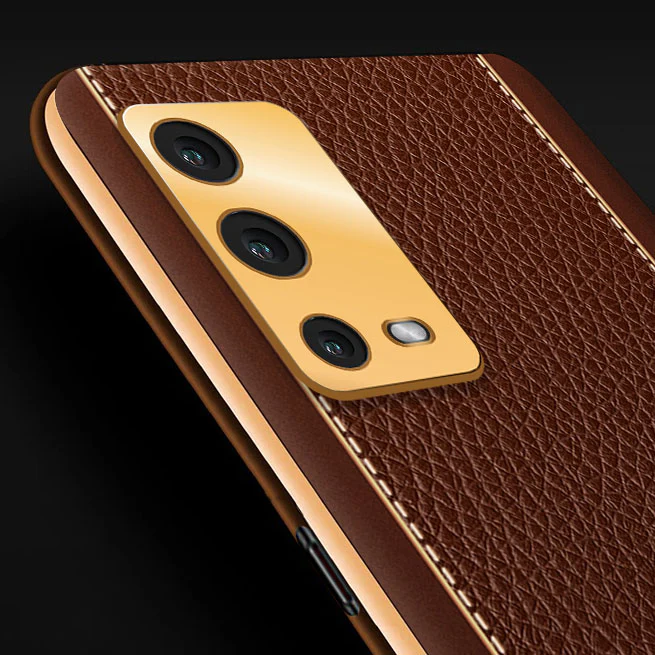 Vaku® Oppo A55 Luxemberg Leather Stitched Gold Electroplated Soft TPU Back Cover - Image 2