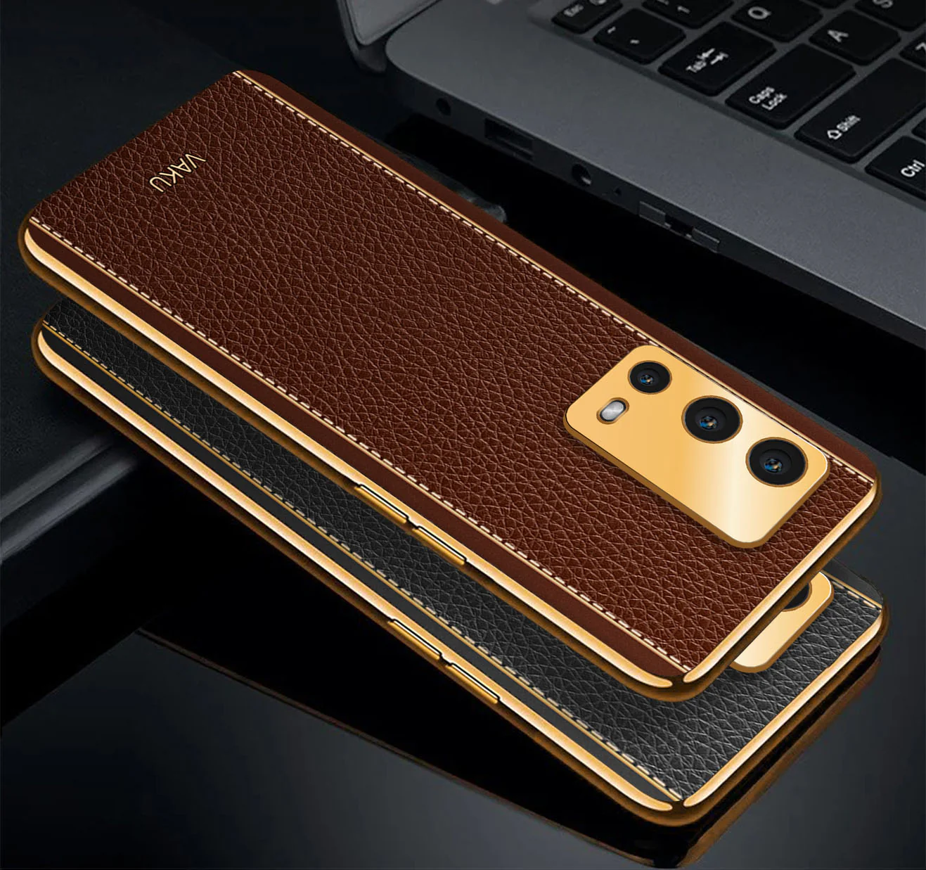 Vaku® Oppo A55 Luxemberg Leather Stitched Gold Electroplated Soft TPU Back Cover - Image 5