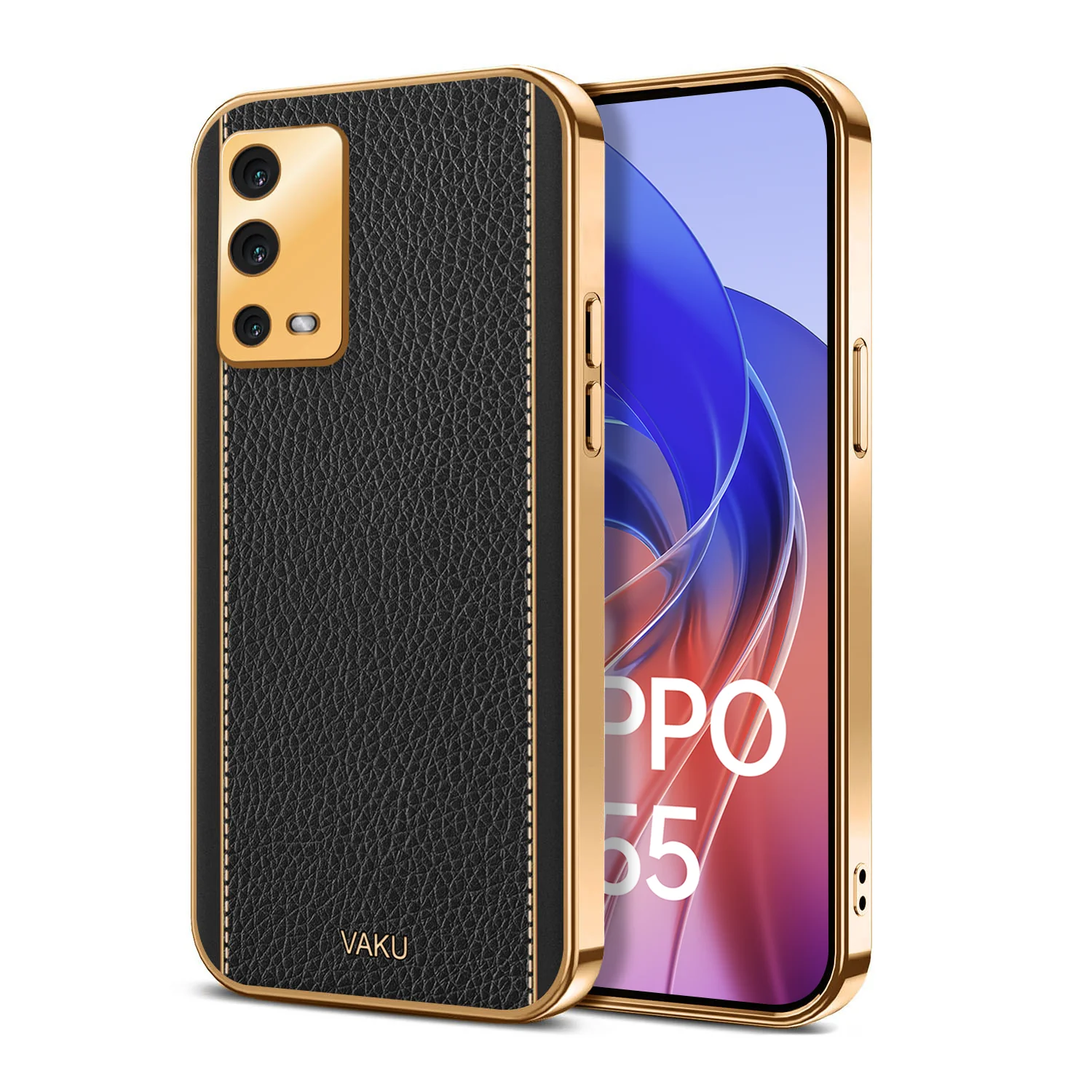 Vaku® Oppo A55 Luxemberg Leather Stitched Gold Electroplated Soft TPU Back Cover - Image 7