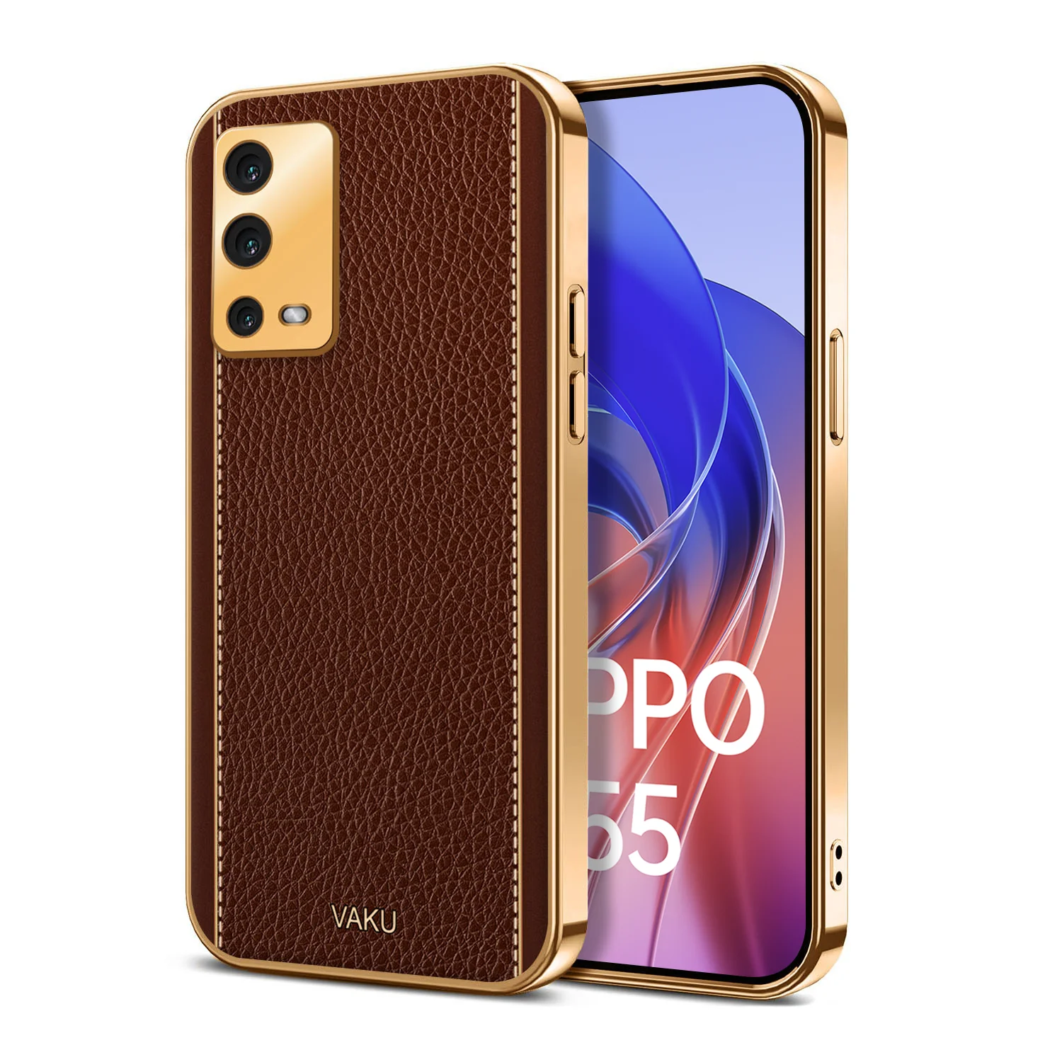 Vaku® Oppo A55 Luxemberg Leather Stitched Gold Electroplated Soft TPU Back Cover - Image 9