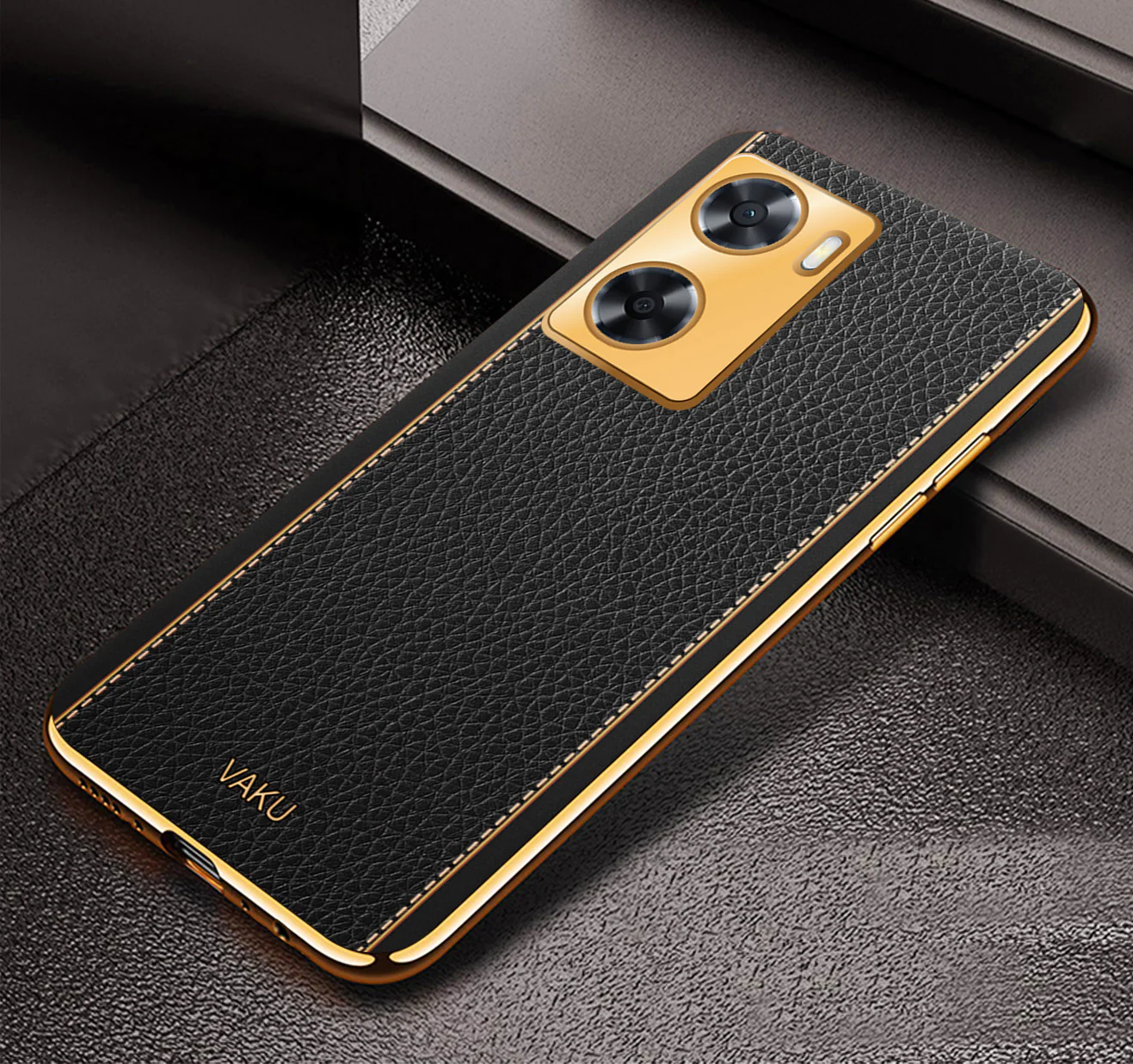 Vaku® Oppo A57 Luxemberg Series Leather Stitched Gold Electroplated Soft TPU Back Cover - Image 3