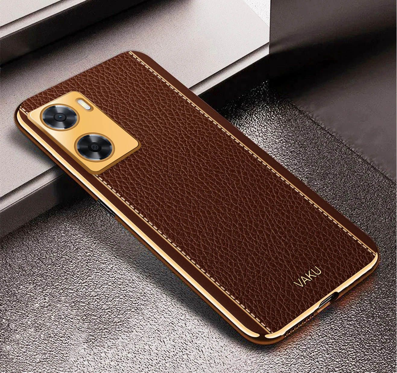 Vaku® Oppo A57 Luxemberg Series Leather Stitched Gold Electroplated Soft TPU Back Cover - Image 9