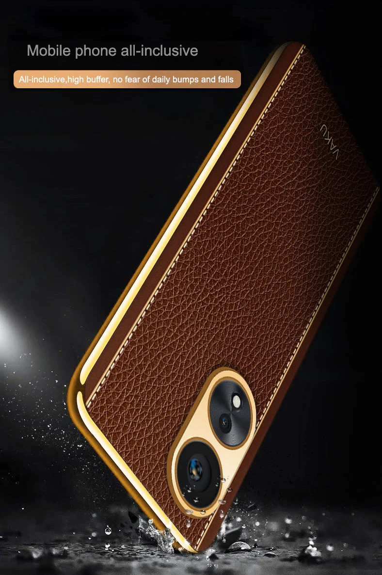 Vaku® Oppo A58 4G Luxemberg Leather Pattern Gold Electroplated Soft TPU Back Cover - Image 3