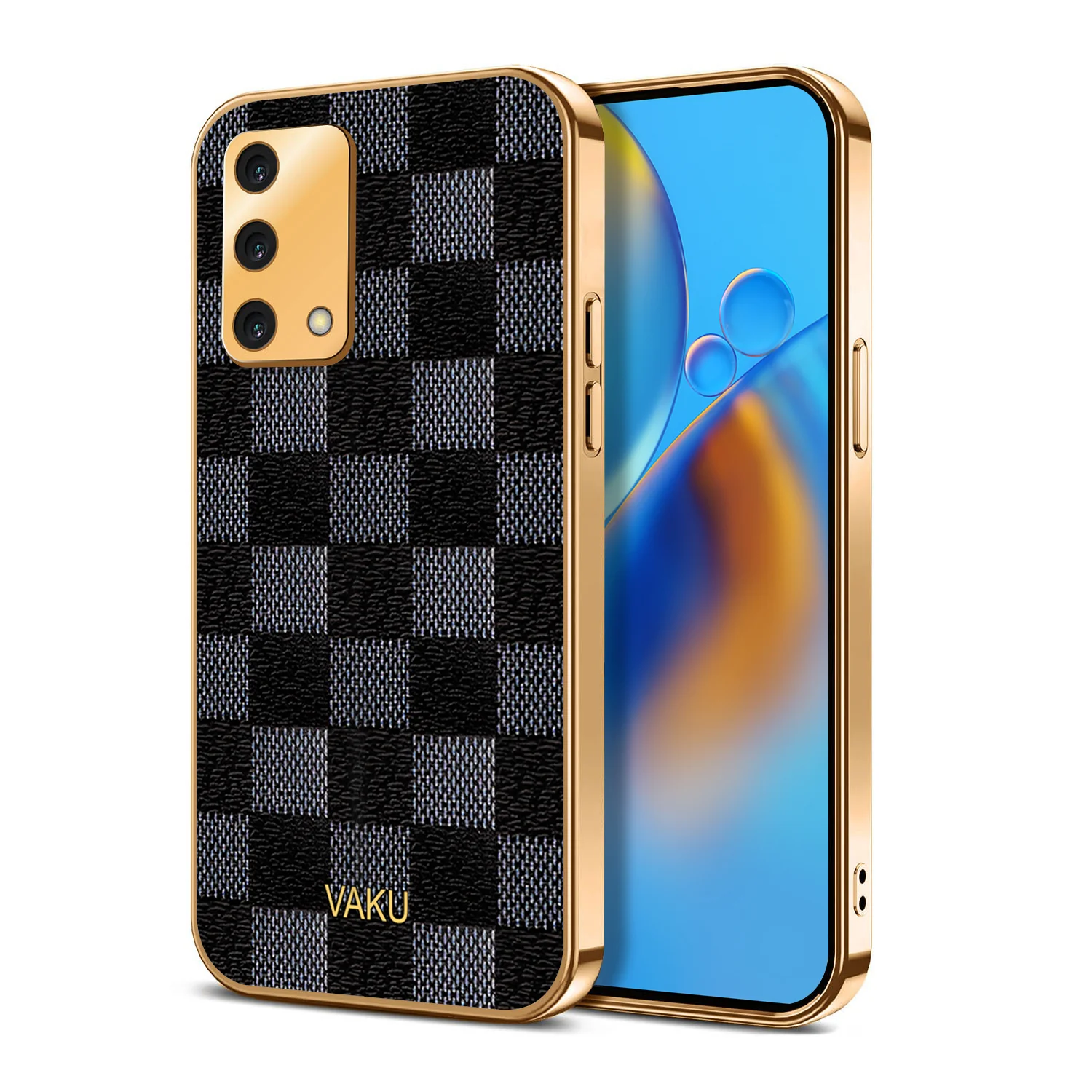 Vaku® Oppo A74 4G Cheron Leather Stitched Gold Electroplated Soft TPU Back Cover - Image 2