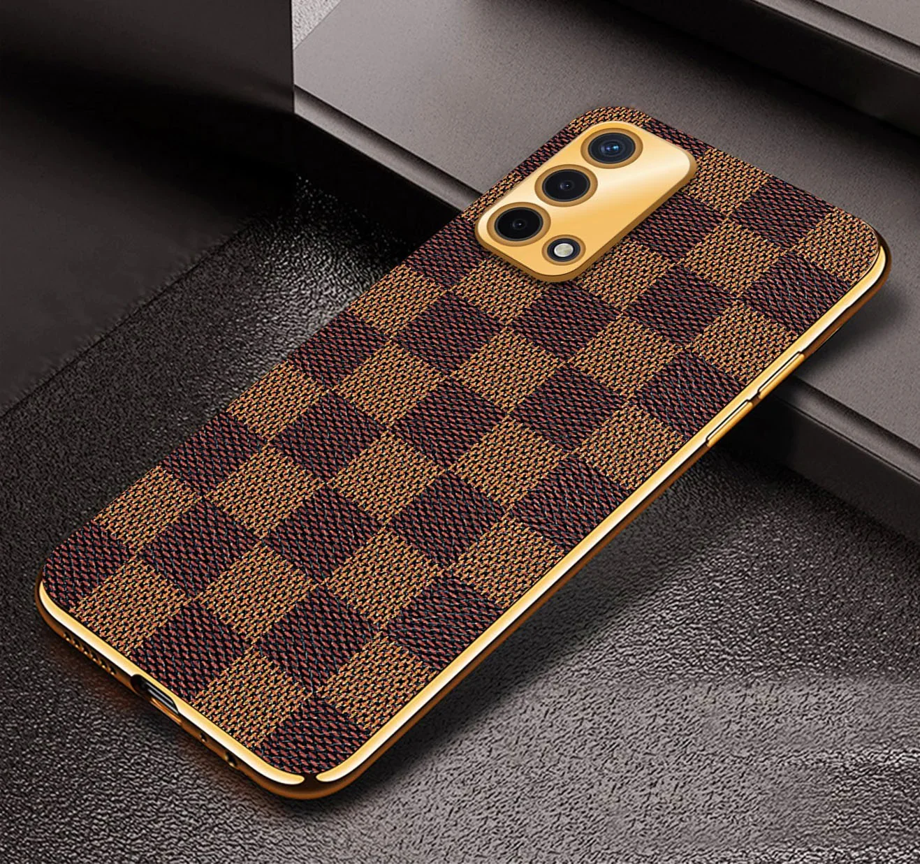 Vaku® Oppo A74 4G Cheron Leather Stitched Gold Electroplated Soft TPU Back Cover - Image 3