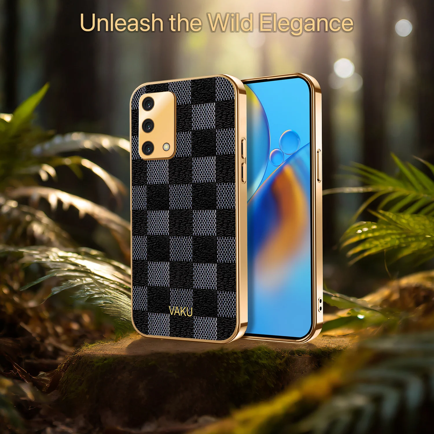 Vaku® Oppo A74 4G Cheron Leather Stitched Gold Electroplated Soft TPU Back Cover - Image 5