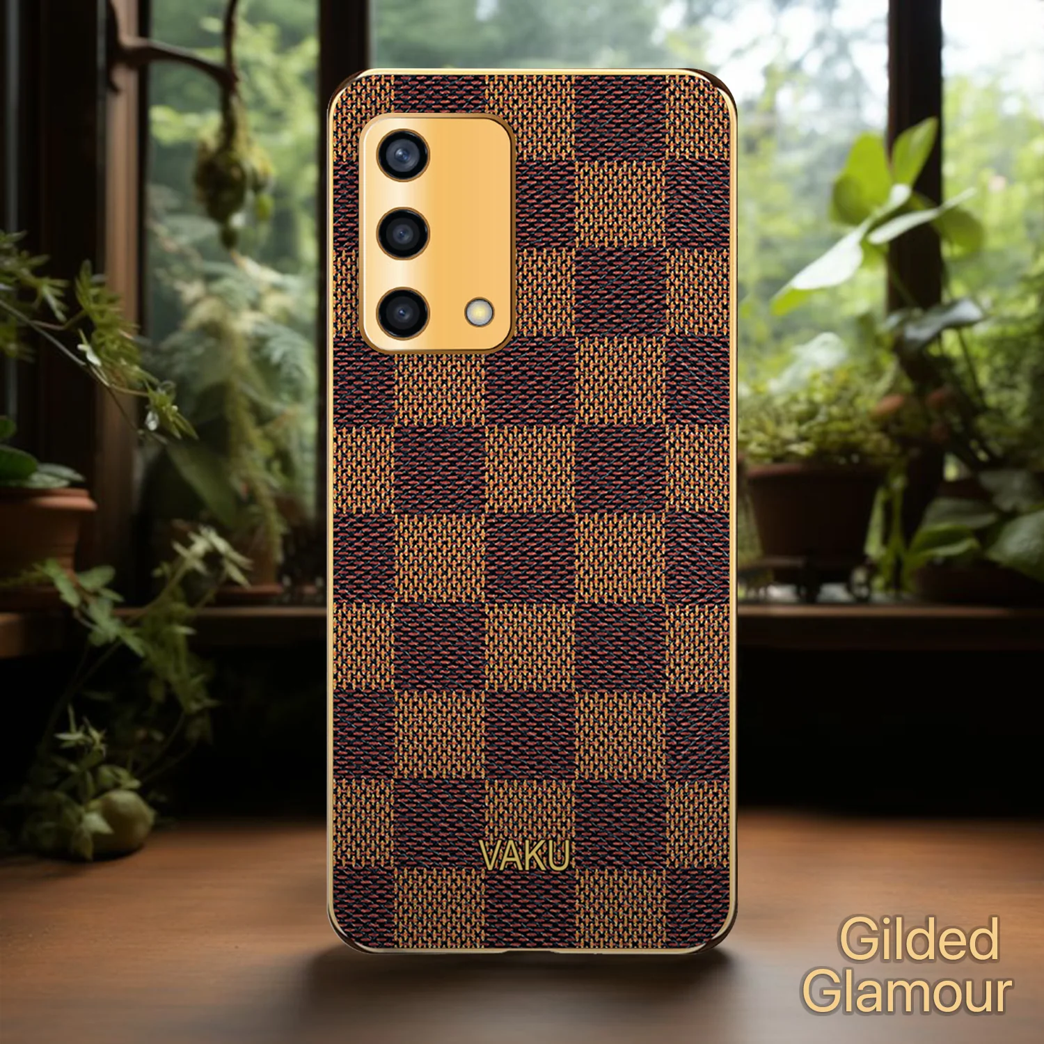 Vaku® Oppo A74 4G Cheron Leather Stitched Gold Electroplated Soft TPU Back Cover - Image 6