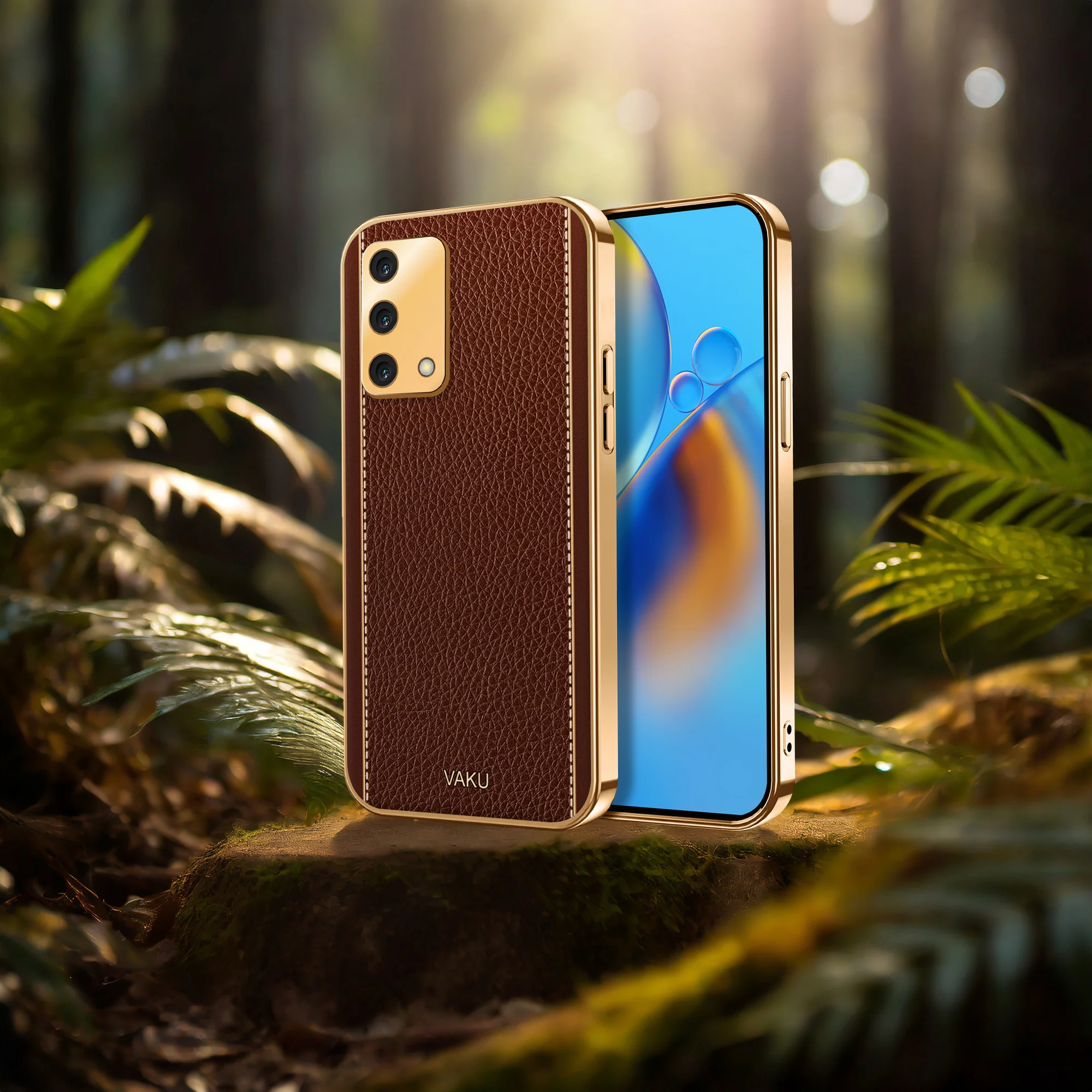 Vaku® Oppo A74 4G Luxemberg Leather Stitched Gold Electroplated Soft TPU Back Cover - Image 10