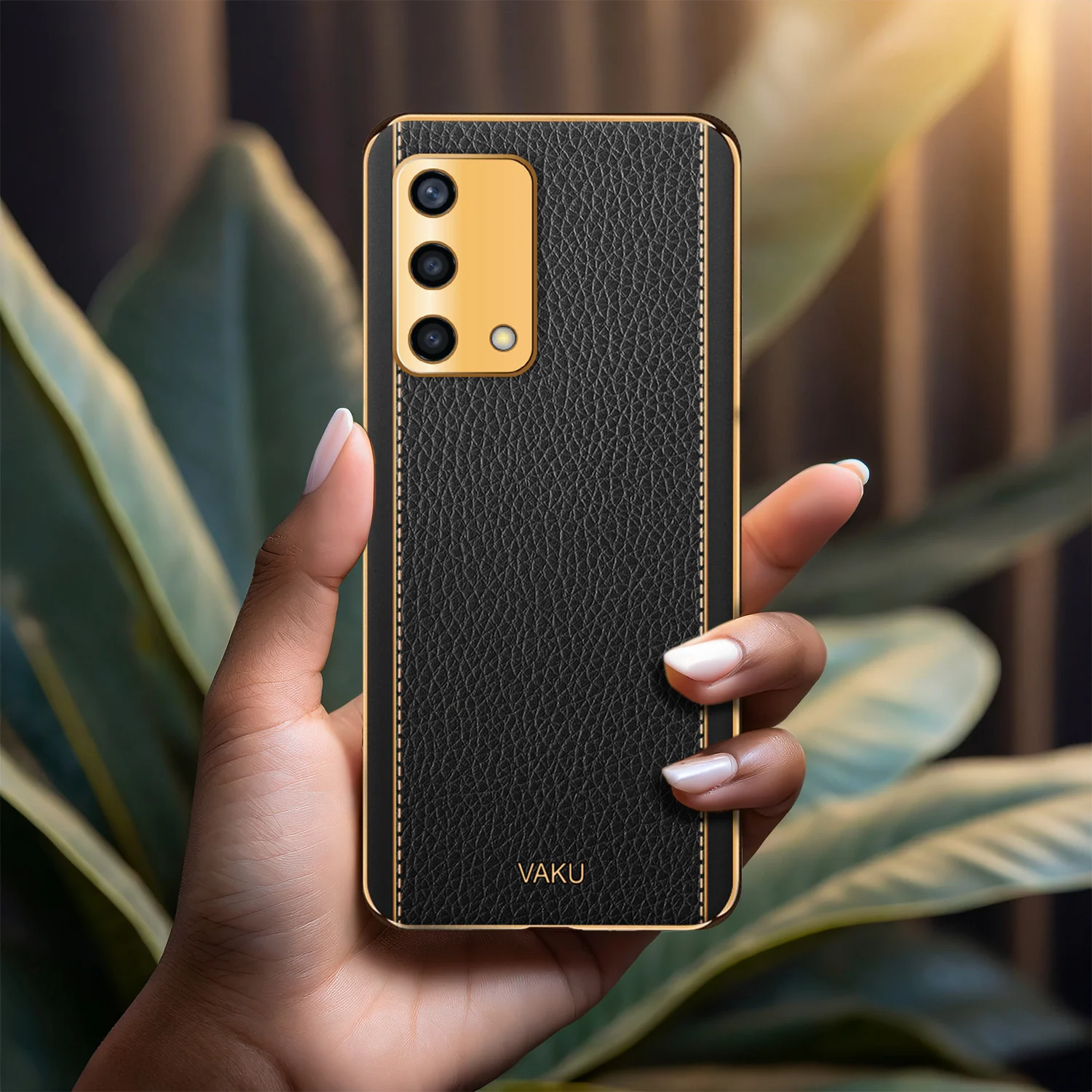 Vaku® Oppo A74 4G Luxemberg Leather Stitched Gold Electroplated Soft TPU Back Cover - Image 12