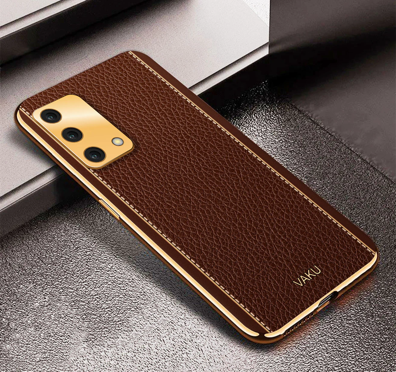 Vaku® Oppo A74 4G Luxemberg Leather Stitched Gold Electroplated Soft TPU Back Cover - Image 4