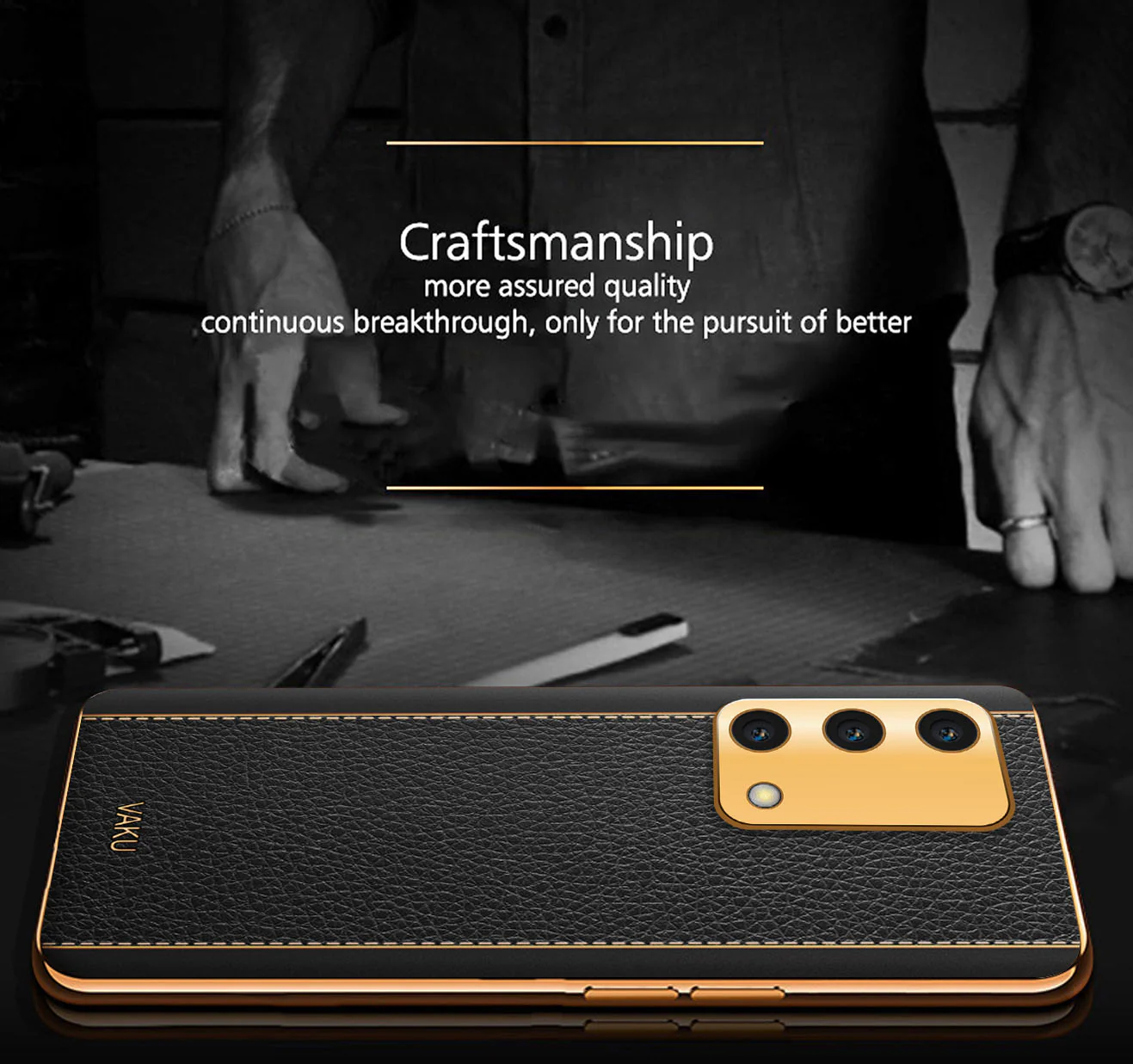 Vaku® Oppo A74 4G Luxemberg Leather Stitched Gold Electroplated Soft TPU Back Cover - Image 5