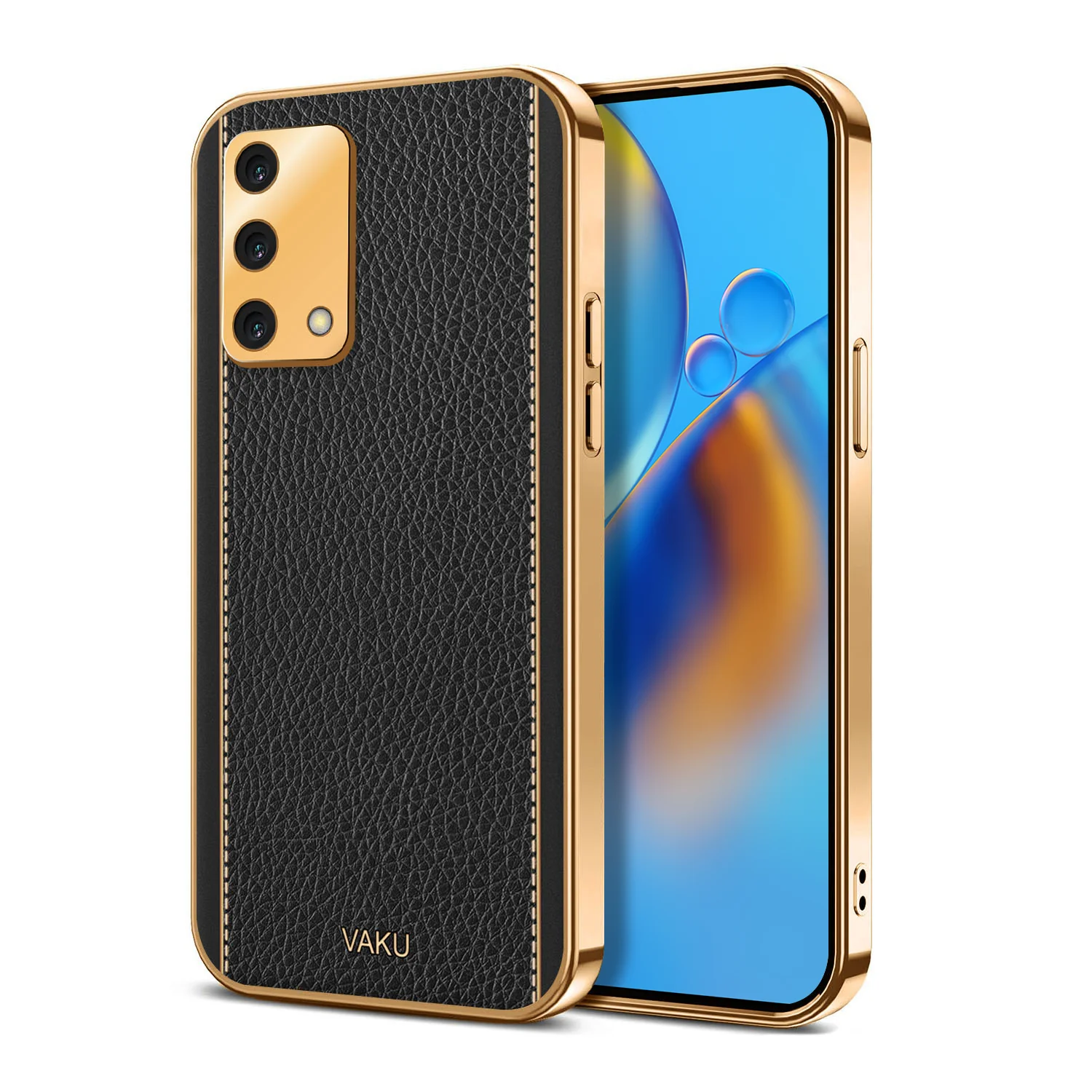 Vaku® Oppo A74 4G Luxemberg Leather Stitched Gold Electroplated Soft TPU Back Cover - Image 6