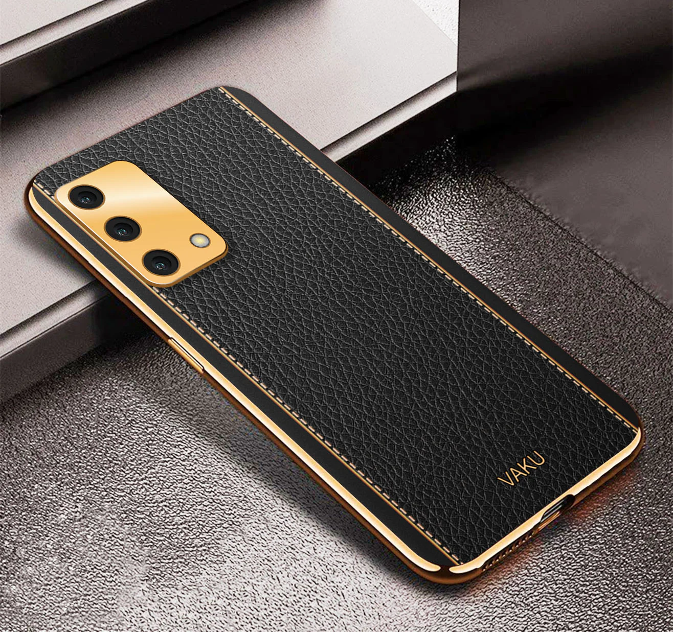 Vaku® Oppo A74 4G Luxemberg Leather Stitched Gold Electroplated Soft TPU Back Cover - Image 7