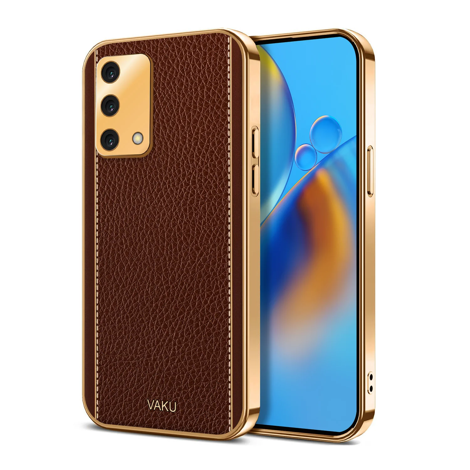 Vaku® Oppo A74 4G Luxemberg Leather Stitched Gold Electroplated Soft TPU Back Cover - Image 8